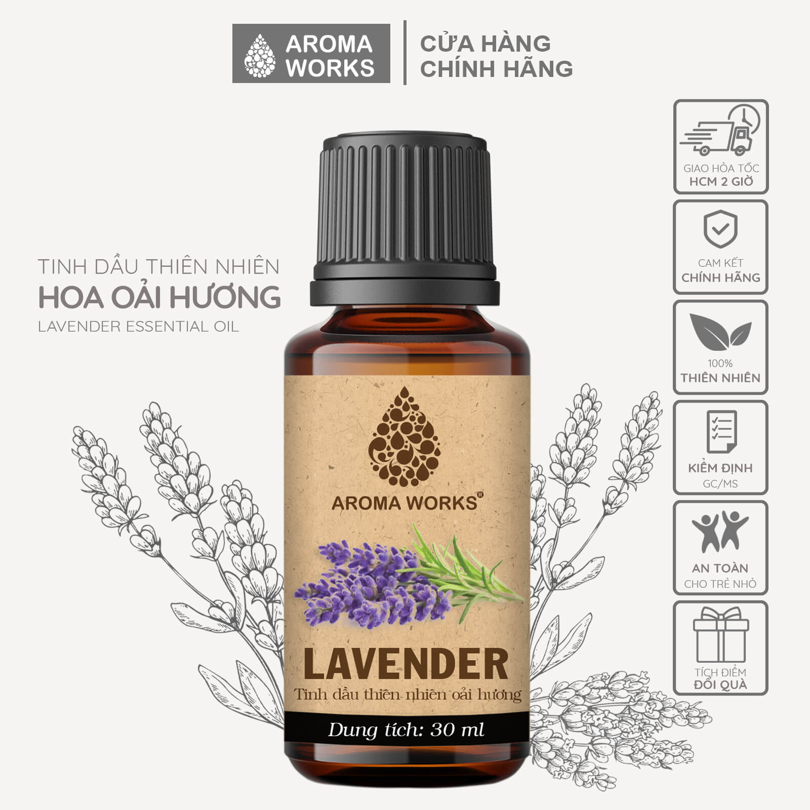 Tinh Dầu Oải Hương Xông Phòng, Thư Giãn, Dễ Ngủ, Đuổi Muỗi Aroma Works Lavender