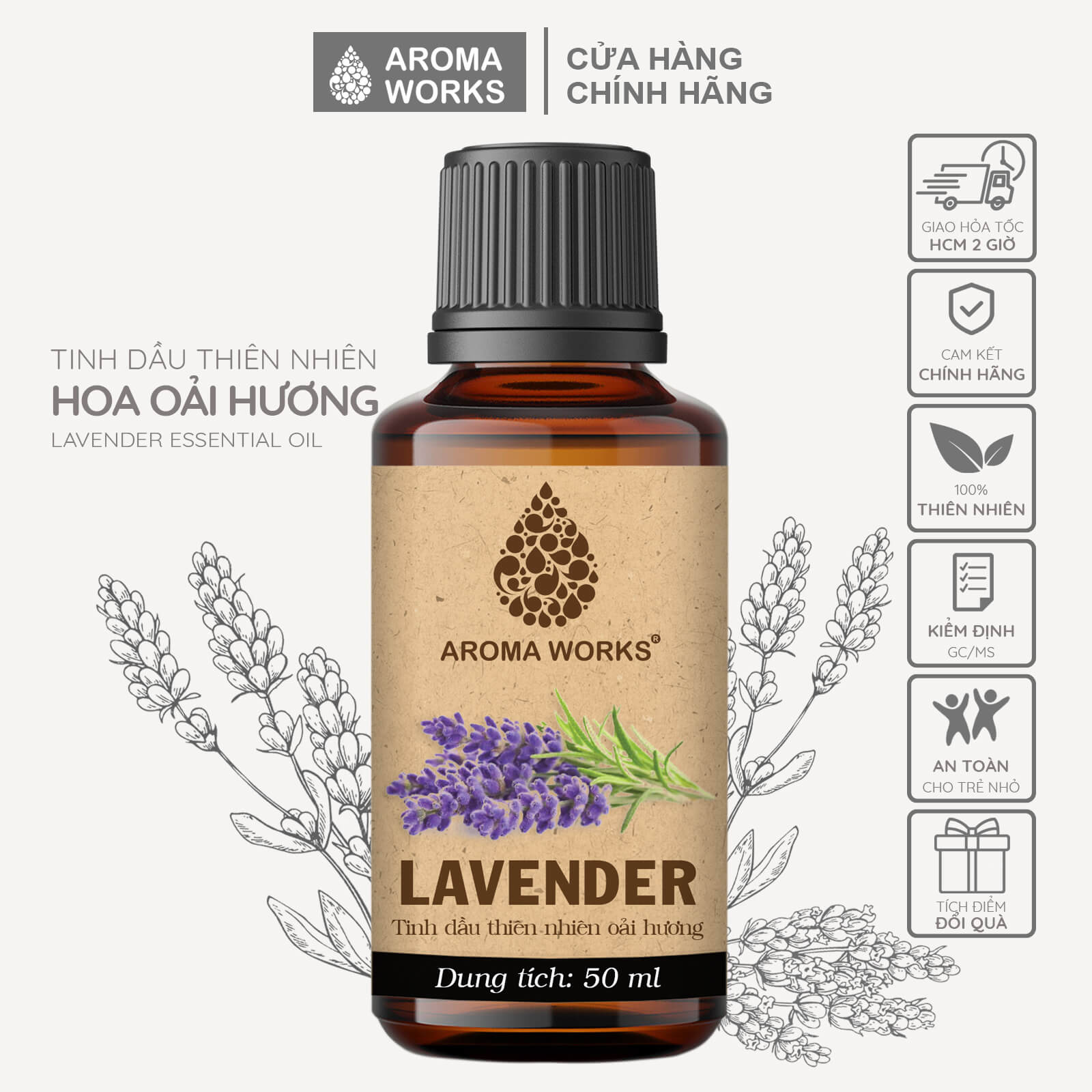 Tinh Dầu Oải Hương Xông Phòng, Thư Giãn, Dễ Ngủ, Đuổi Muỗi Aroma Works Lavender