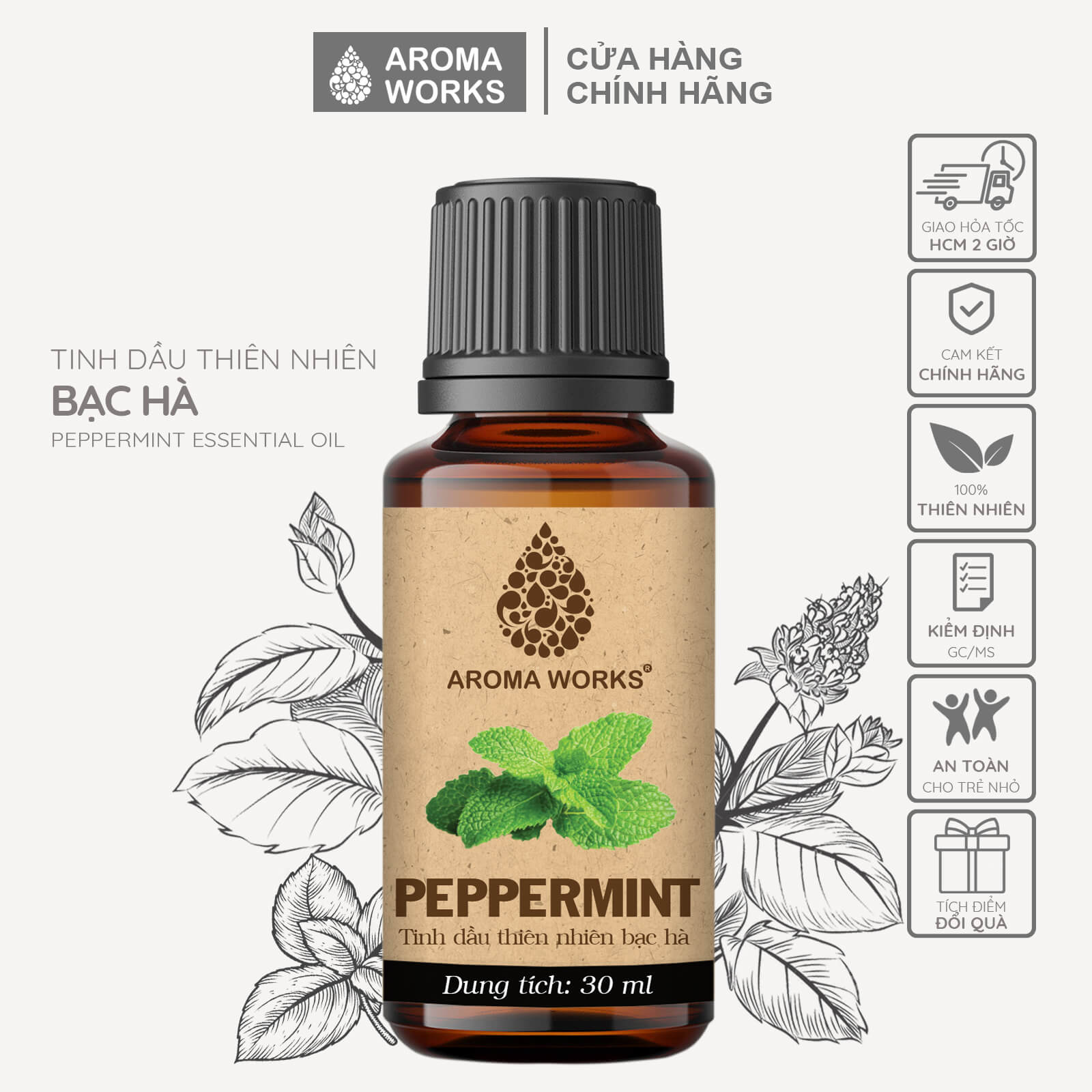 Tinh Dầu Bạc Hà Xông Phòng, Khử Mùi, Thanh Lọc Không Khí, Thoải Mái, Tỉnh Táo Aroma Works Peppermint