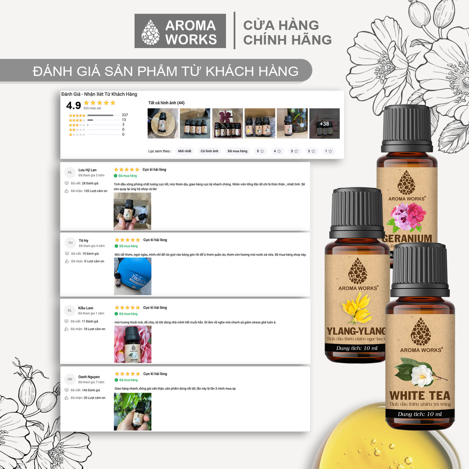 Tinh Dầu Thơm Phòng Aroma Works Hoa Oải Hương - Hoa Lài - Phong Lữ - Trà Trắng - Ylang Làm Nến Thơm