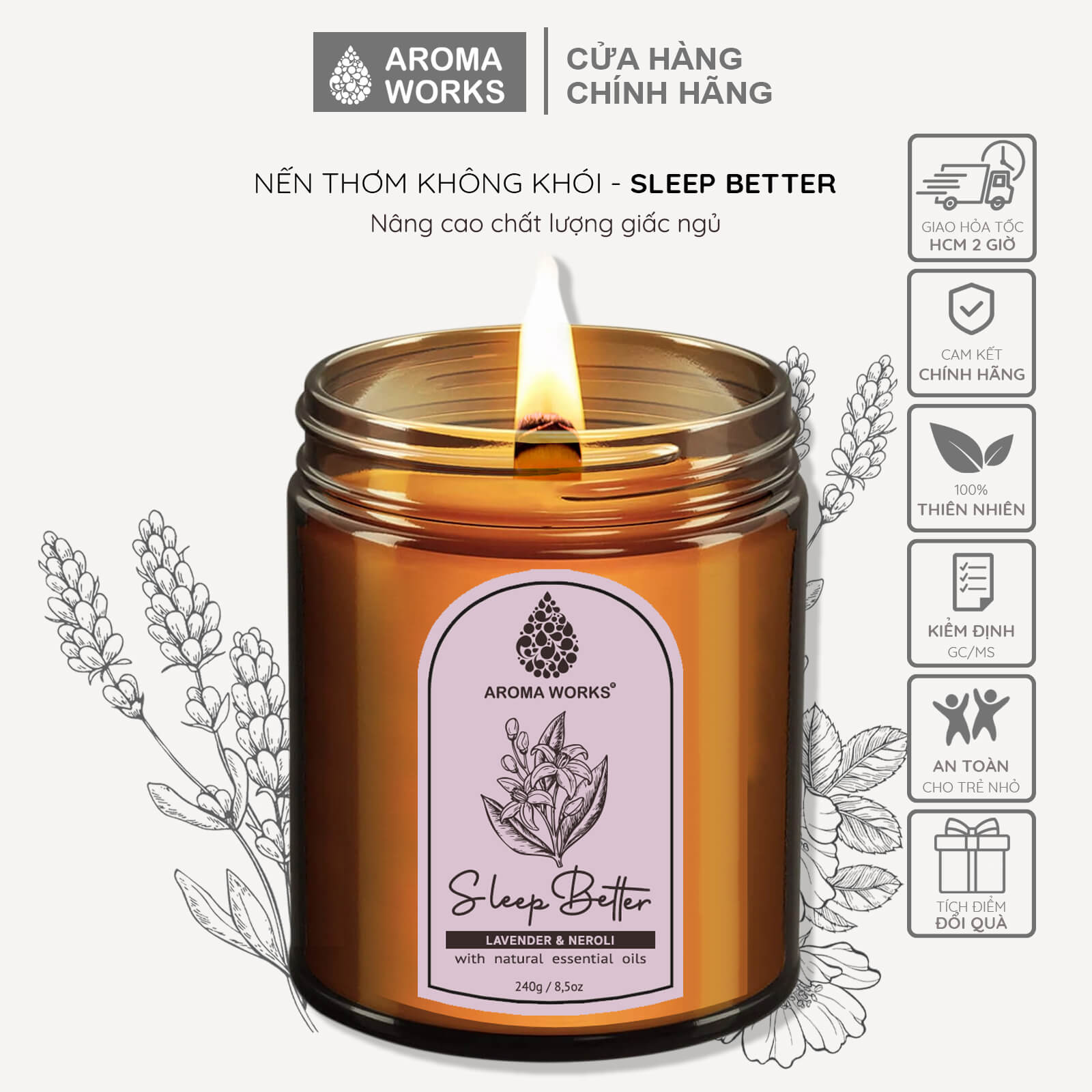 Nến Thơm Tinh Dầu Aroma Works liệu pháp mùi hương giúp dễ ngủ, thư giãn, thoải mái, lãng mạn, thiền, tăng năng lượng 240g