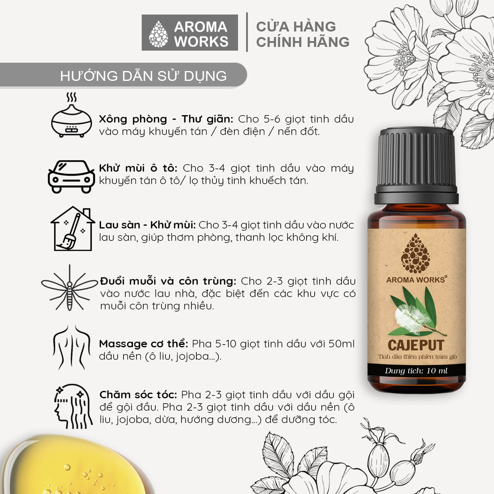 Tinh Dầu Tràm Gió Xông Phòng, Đuổi Muỗi, Khử Mùi, Giải Cảm Aroma Works Cajeput