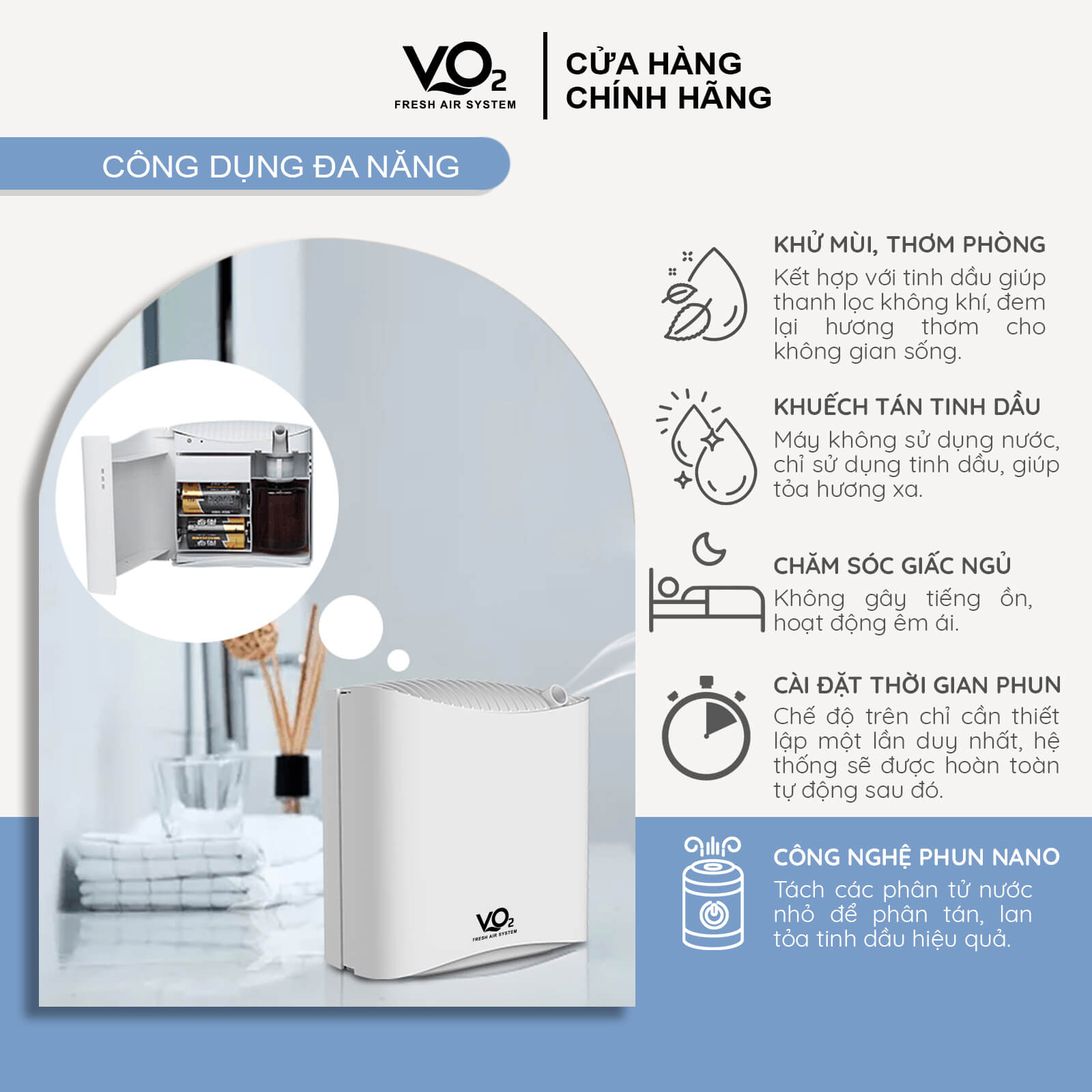 Máy xông tinh dầu chuyên dụng cho gia đình VO2 Smart Home Aroma Diffuser (Kèm Pin)