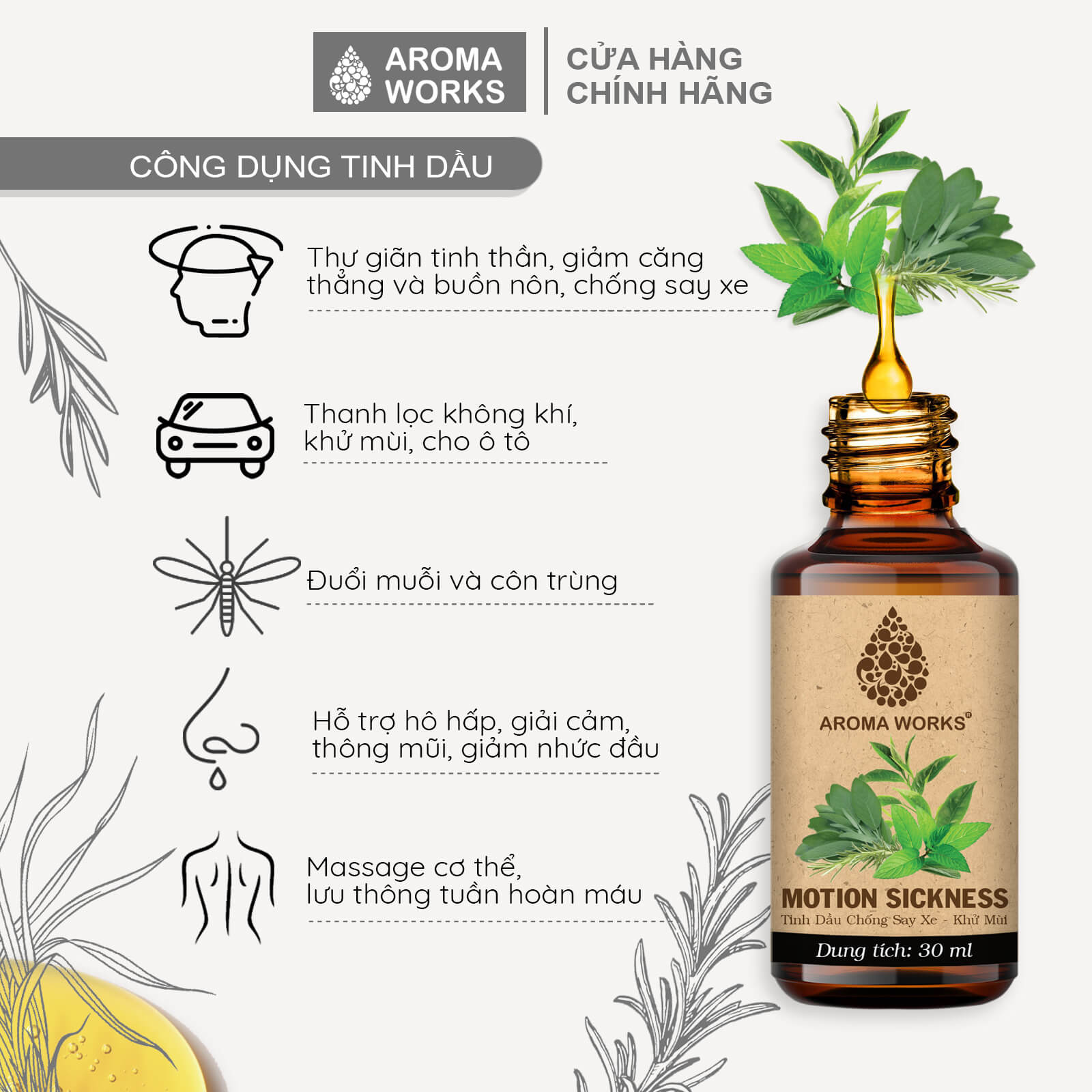 Tinh Dầu Chống Say Xe, Khử Mùi Aroma Works Motion Sickness