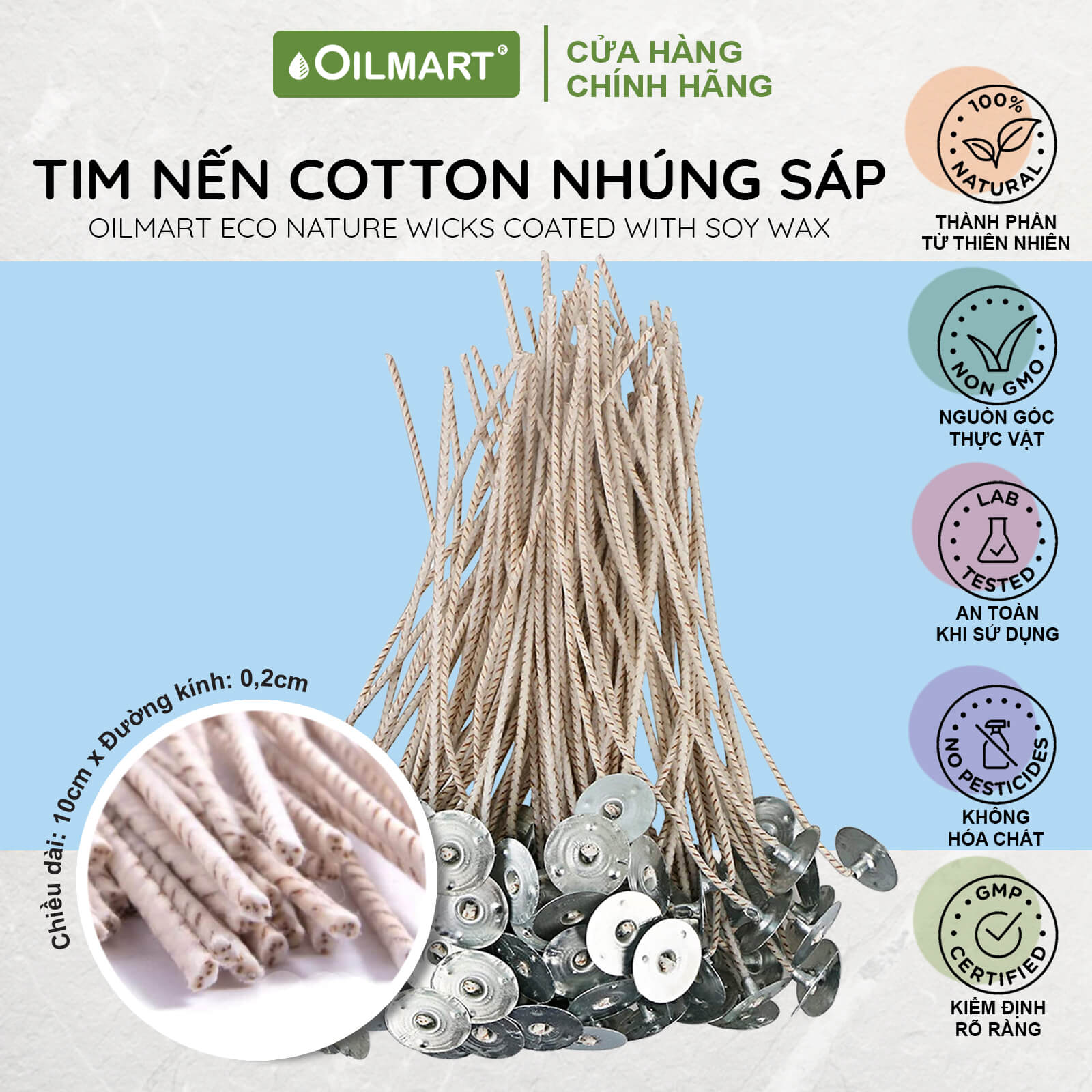 Bấc Nến (Tim Nến) Nhúng Sáp + Đế Kẹp Oilmart Wicks – Nguyên Liệu Làm Nến Thơm