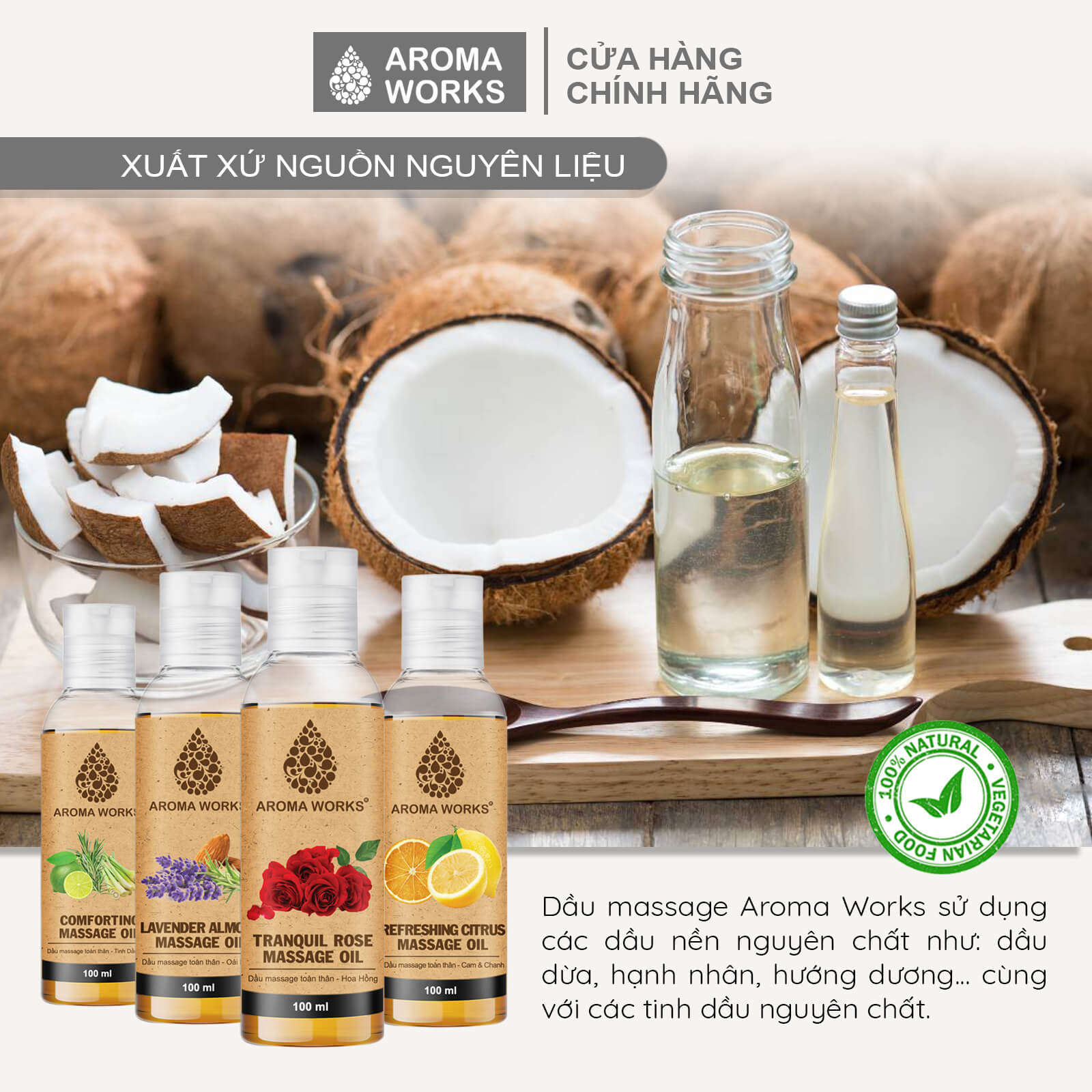 Dầu Massage Body Toàn Thân Aroma Works mát xa, dưỡng da, cấp ẩm, dưỡng tóc từ dầu hướng dương, hạnh nhân, dừa