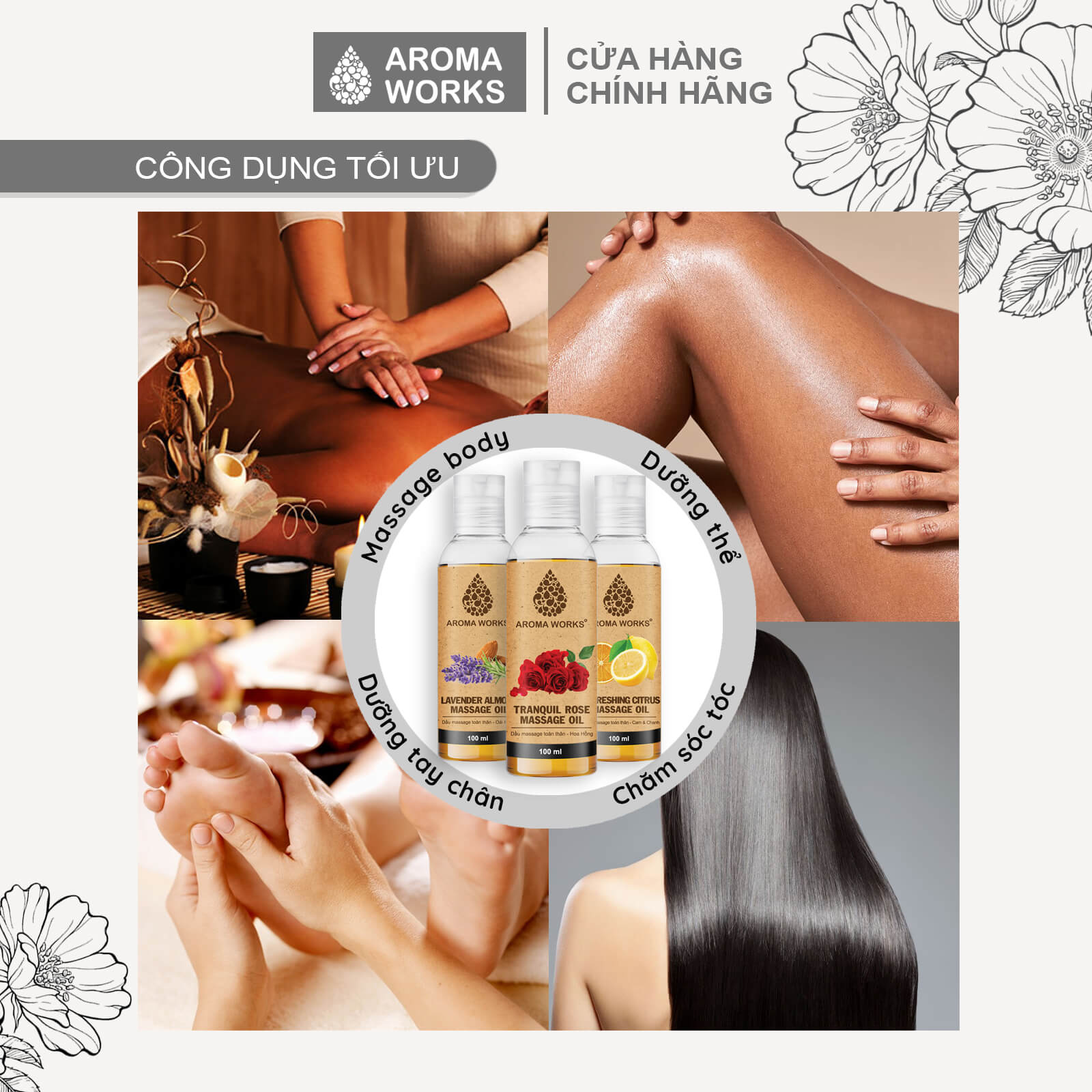 Dầu Massage Body Toàn Thân Aroma Works mát xa, dưỡng da, cấp ẩm, dưỡng tóc từ dầu hướng dương, hạnh nhân, dừa