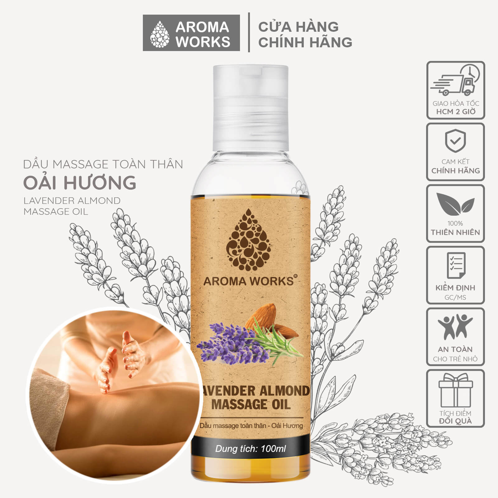 Dầu Massage Body Toàn Thân Aroma Works mát xa, dưỡng da, cấp ẩm, dưỡng tóc từ dầu hướng dương, hạnh nhân, dừa