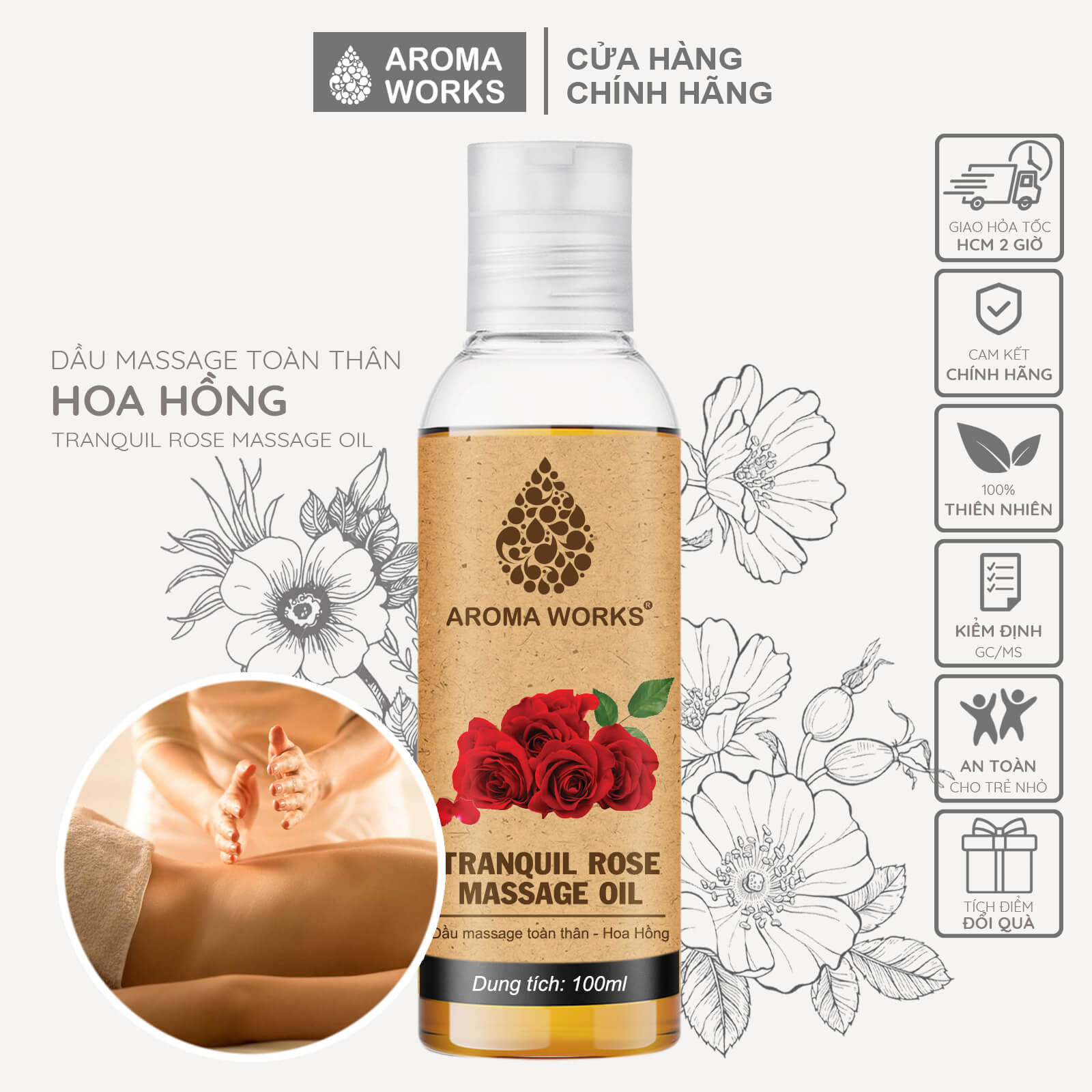 Dầu Massage Body Toàn Thân Aroma Works mát xa, dưỡng da, cấp ẩm, dưỡng tóc từ dầu hướng dương, hạnh nhân, dừa