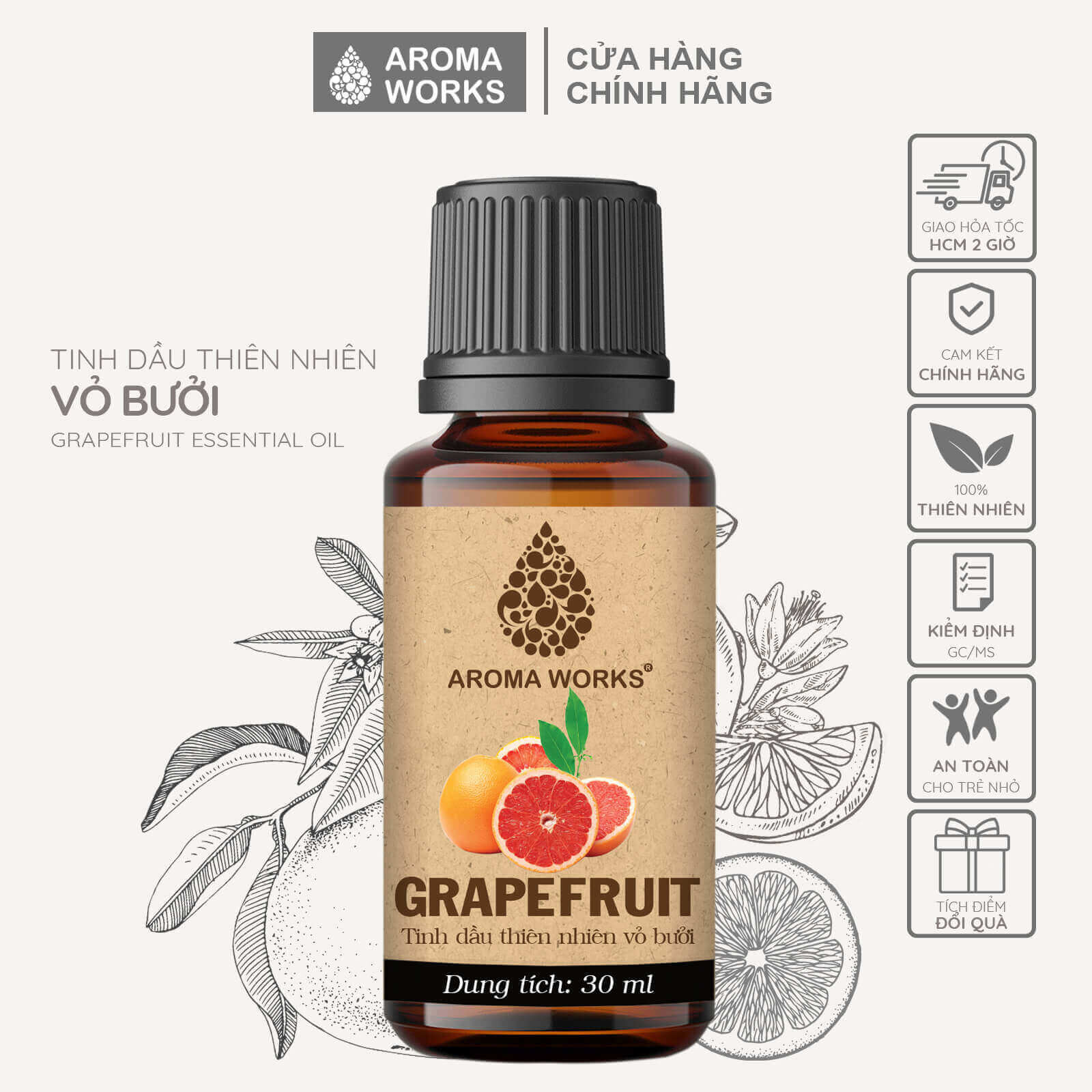 Tinh Dầu Bưởi Thiên Nhiên Thơm Phòng, Kích Thích Mọc Tóc, Dưỡng Tóc Aroma Works Grapfruit