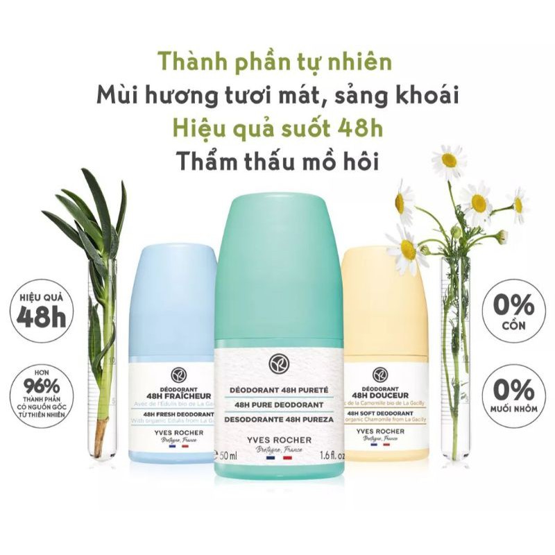 Lăn khử mùi sảng khoái Yves Rocher 48H Pure Deodorant 50ml (Không Dùng Cho Phụ Nữ Có Thai)