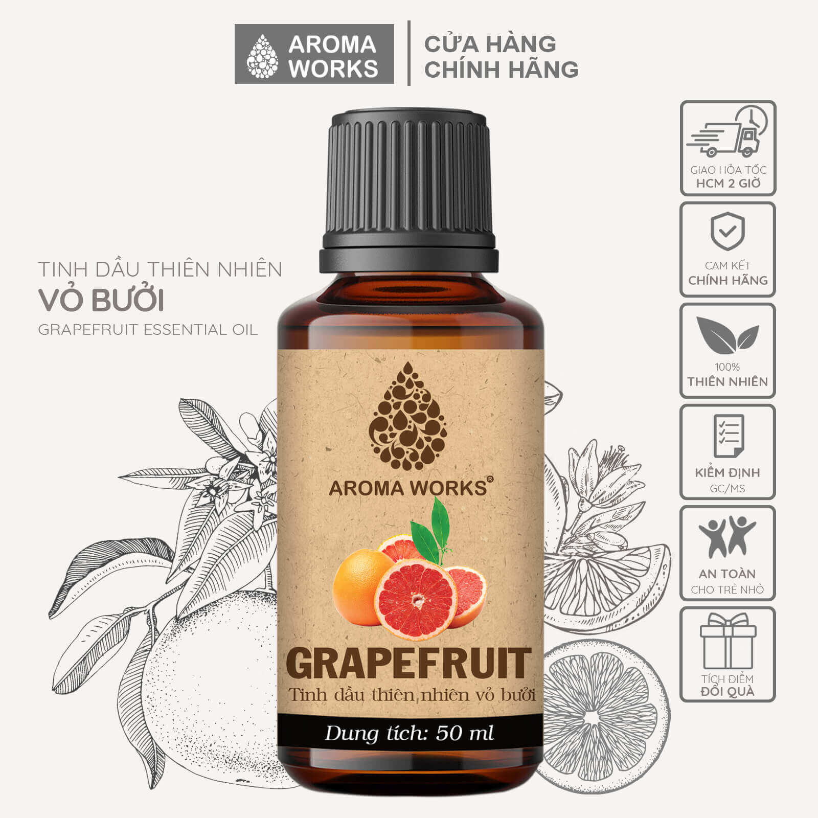 Tinh Dầu Bưởi Thiên Nhiên Thơm Phòng, Kích Thích Mọc Tóc, Dưỡng Tóc Aroma Works Grapfruit