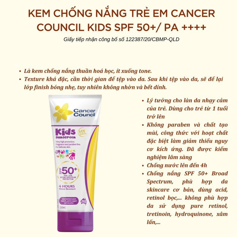 Kem Chống Nắng Cancer Council Dành Cho Trẻ Em Kid Sunscreen SPF50+ UVA-UVB