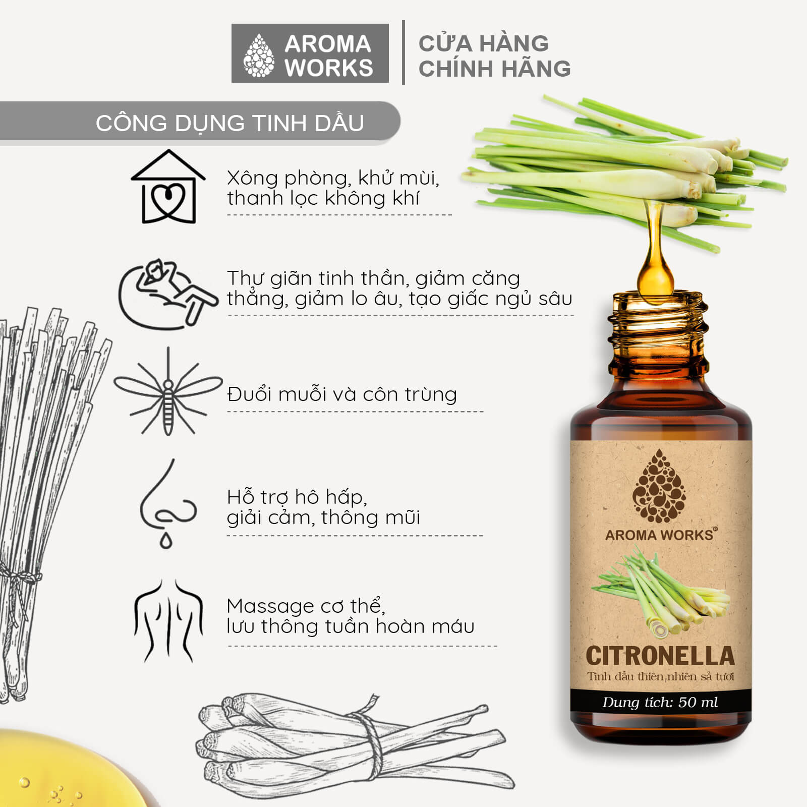 Tinh Dầu Sả Tươi / Sả Java Xông Phòng, Dễ Ngủ, Khử Mùi, Thanh Lọc Không Khí Aroma Works Citronella