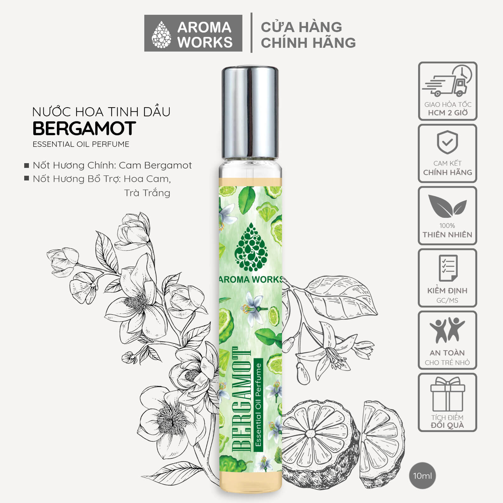 Tinh dầu nước hoa không cồn, lưu hương lâu Aroma Works Essential Oil Perfume dạng xịt 10ml