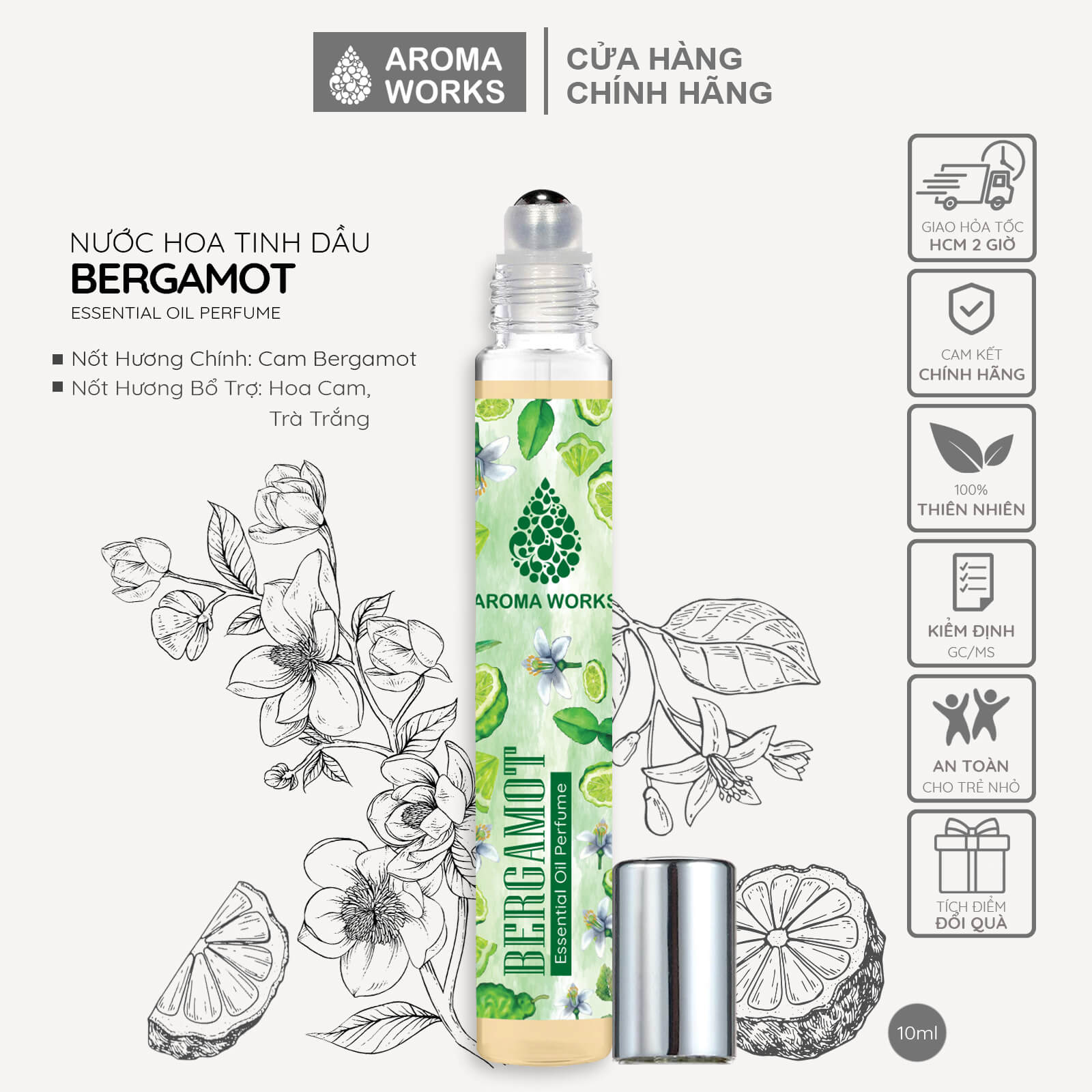 Tinh dầu nước hoa không cồn, lưu hương lâu Aroma Works Bergamot Essential Oil Perfume 10ml - Hương Cam Bergamot