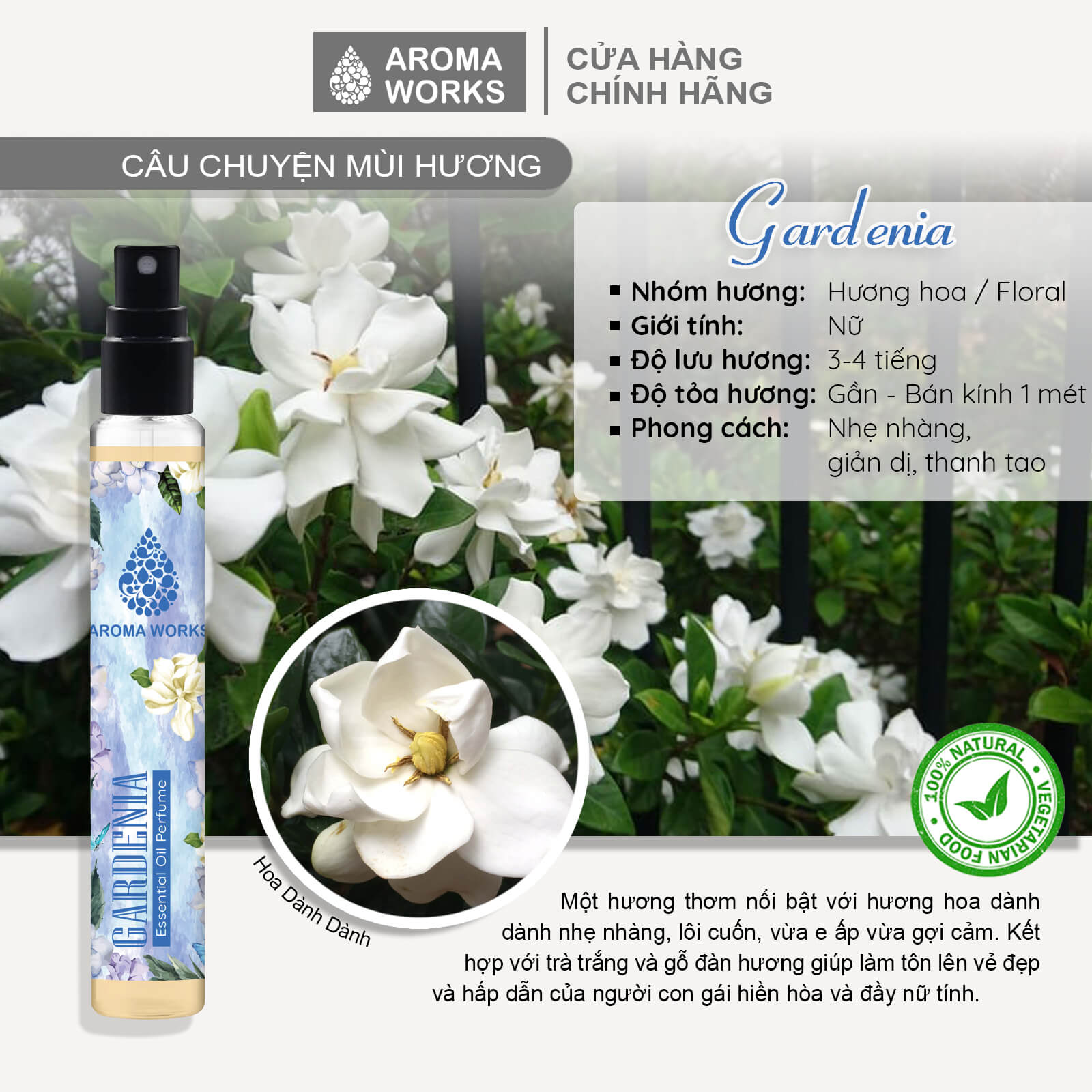 Tinh dầu nước hoa không cồn, lưu hương lâu Aroma Works Gardenia Essential Oil Perfume 10ml - Hương Hoa Dành Dành
