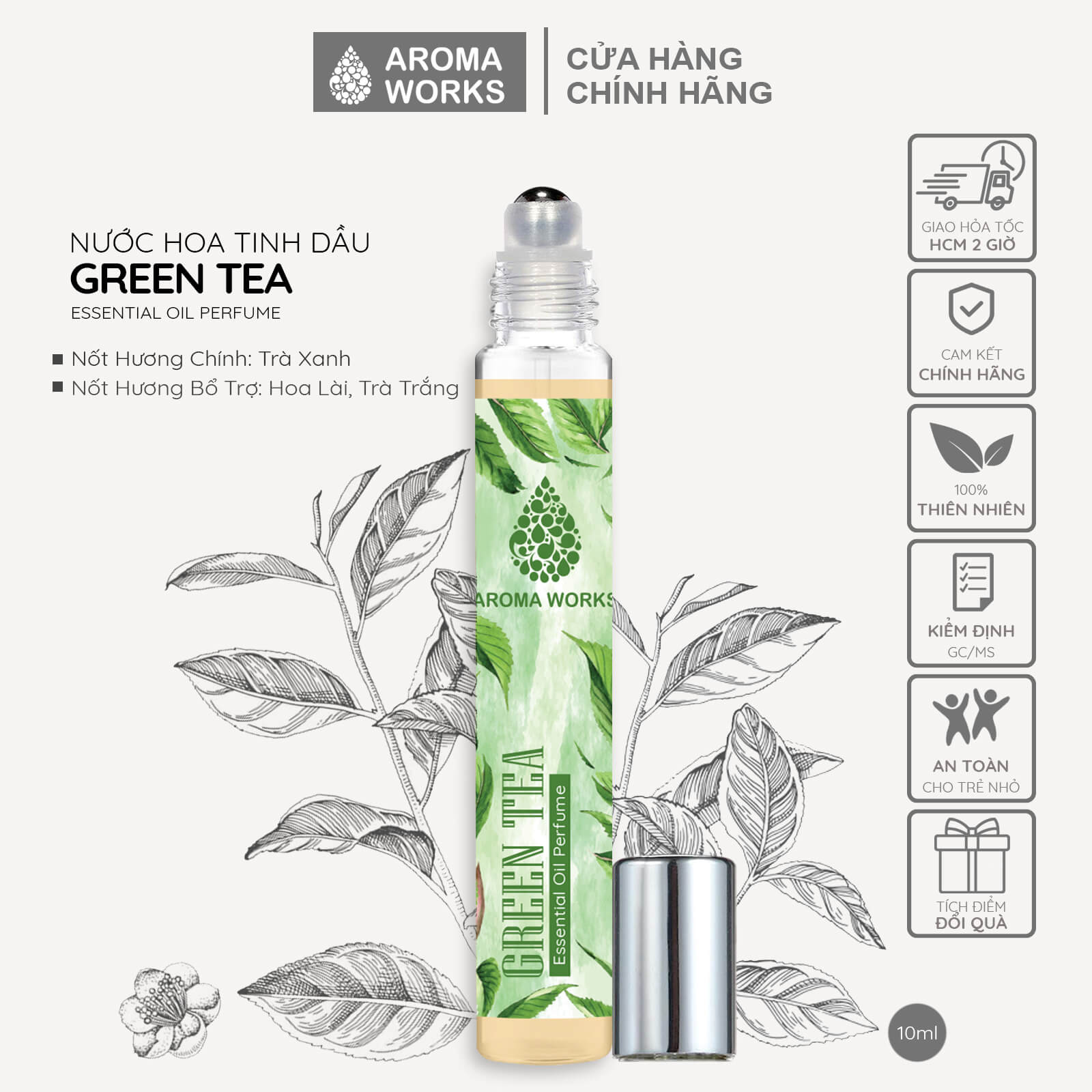 Tinh dầu nước hoa không cồn, lưu hương lâu Aroma Works Green Tea Essential Oil Perfume 10ml - Hương Trà Xanh