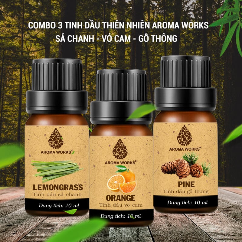 Combo 3 Tinh Dầu Nguyên Chất Aroma Works: Tinh Dầu Sả Chanh (10ml) + Tinh Dầu Gỗ Thông (10ml) + Tinh Dầu Vỏ Cam (10ml)