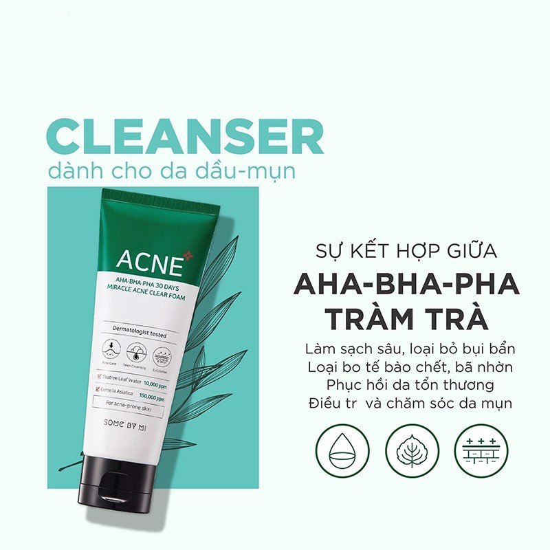 Sữa Rửa Mặt Cho Da Mụn Some By Mi AHA-BHA-PHA 30 Days Miracle Acne Clear Foam 100ml