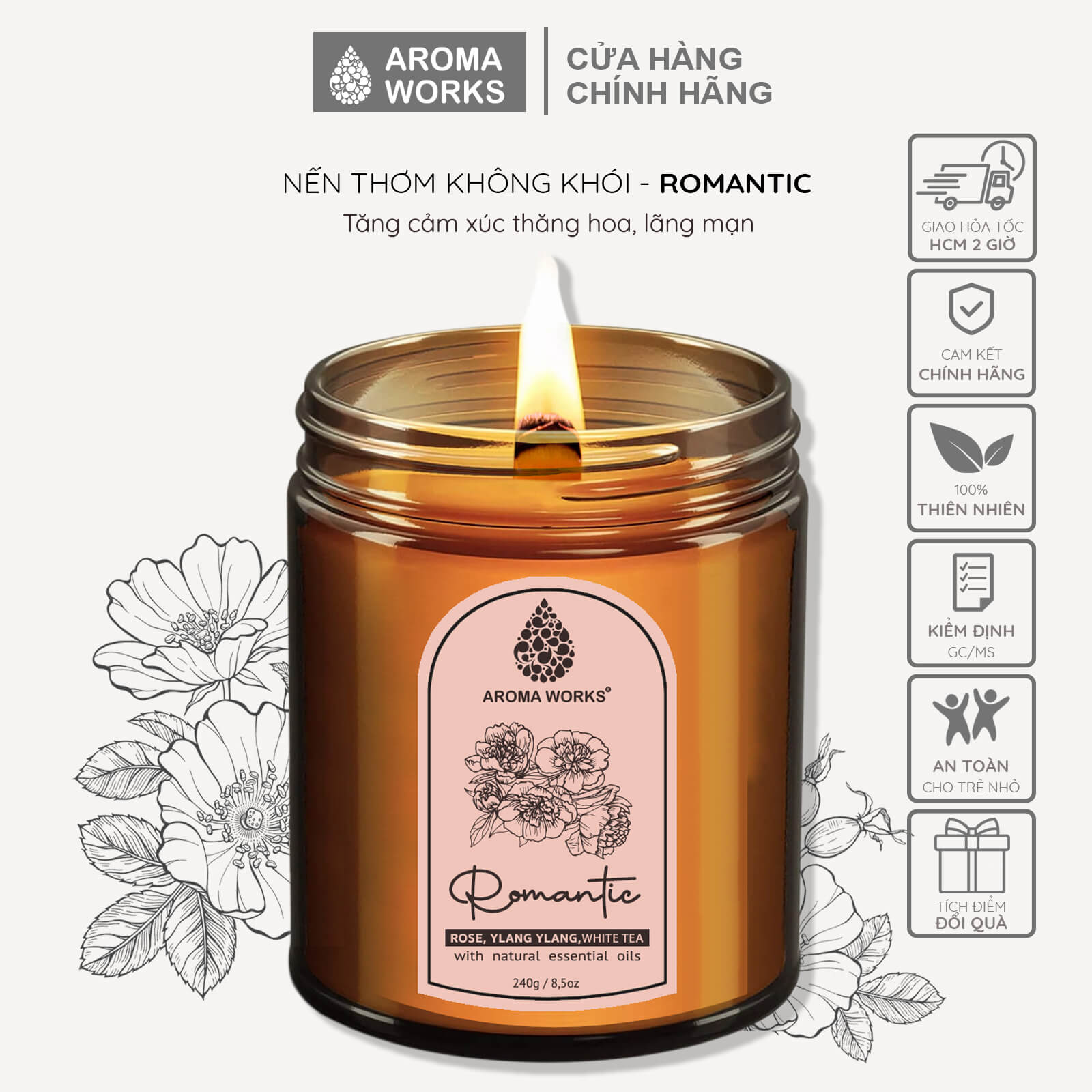 Nến Thơm Tinh Dầu Aroma Works liệu pháp mùi hương giúp dễ ngủ, thư giãn, thoải mái, lãng mạn, thiền, tăng năng lượng 240g