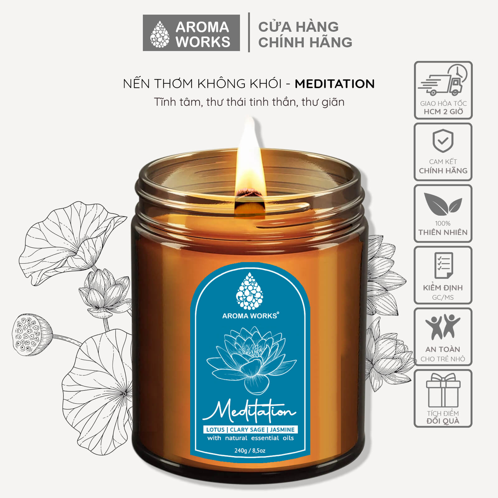 Nến Thơm Tinh Dầu Aroma Works liệu pháp mùi hương giúp dễ ngủ, thư giãn, thoải mái, lãng mạn, thiền, tăng năng lượng 240g