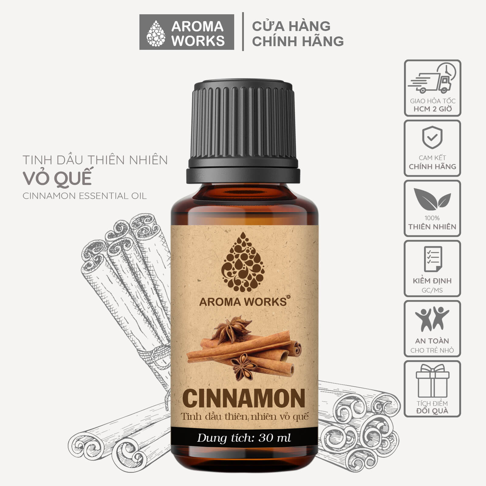 Tinh Dầu Quế Xông Phòng, Đuổi Muỗi, Khử Mùi Hiệu Quả, Nâng Cao Chất Lượng Giấc Ngủ Aroma Works Cinnamon
