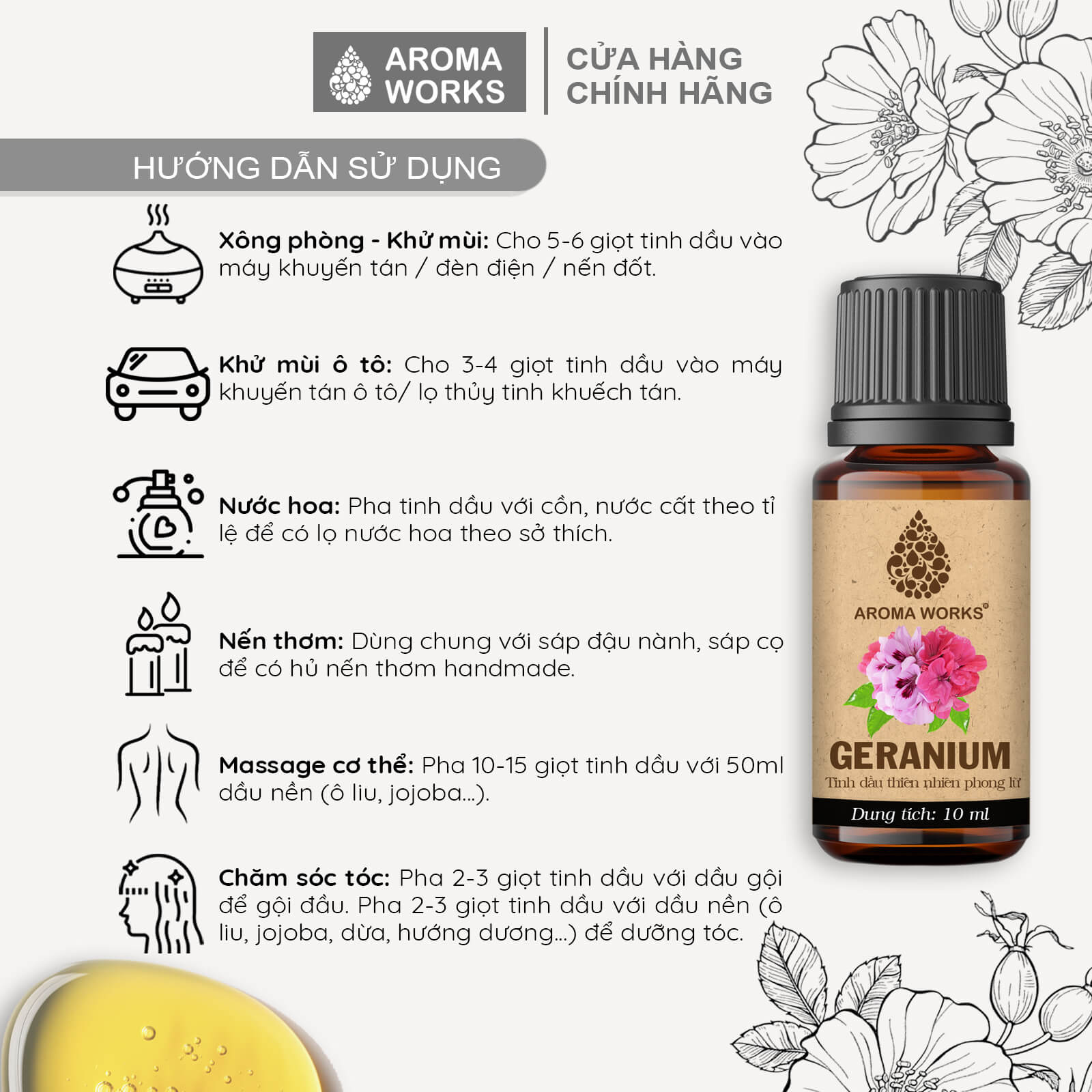 Tinh Dầu Phong Lữ Thơm Phòng, Khử Mùi, Thanh Lọc Không Khí, Giảm Áp Lực Thiên Nhiên Phong Lữ Aroma Works Geranium