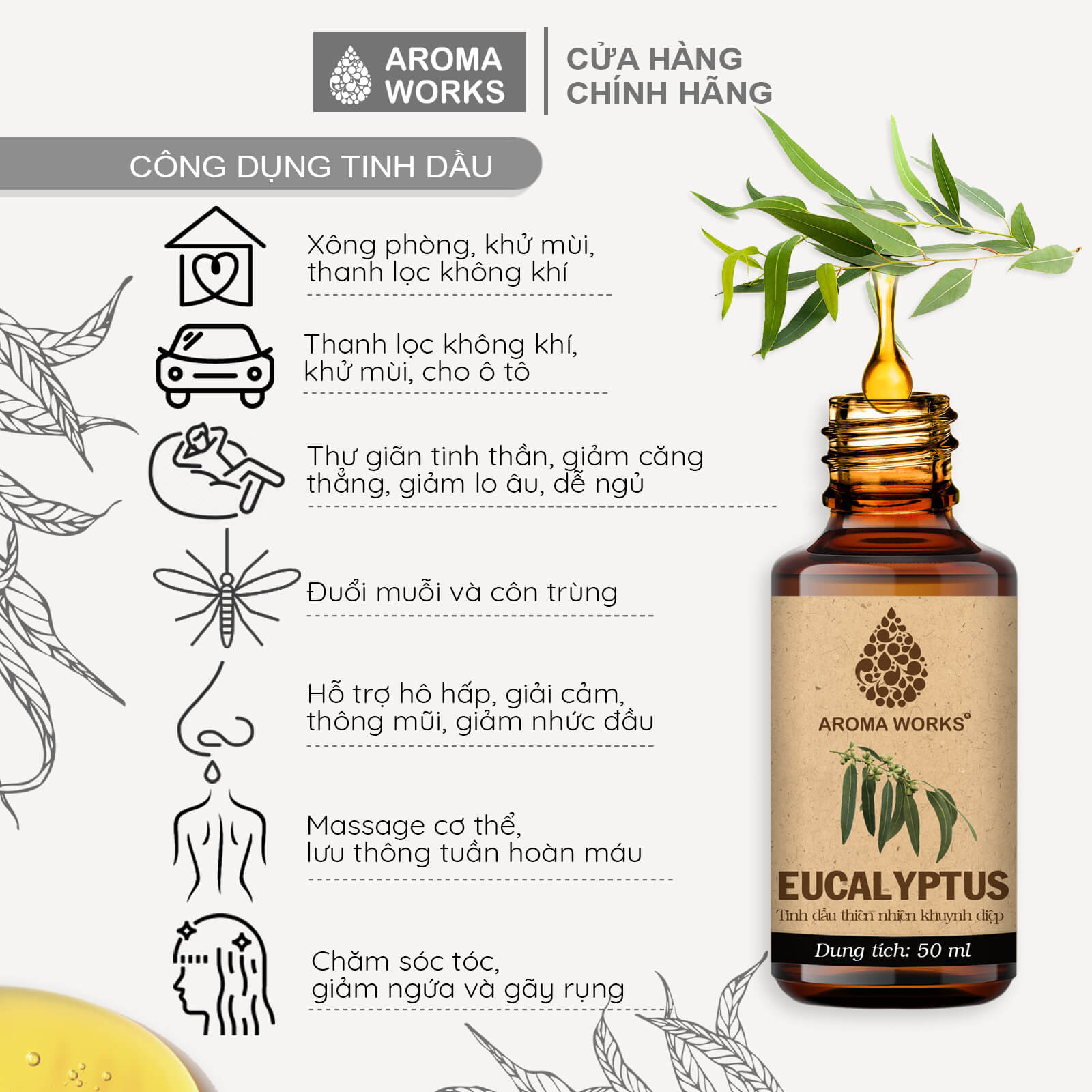 Tinh Dầu Khuynh Diệp Xông Phòng, Khử Mùi, Thanh Lọc Không Khí, Đuổi Muỗi, Giải Cảm Aroma Works Eucalyptus