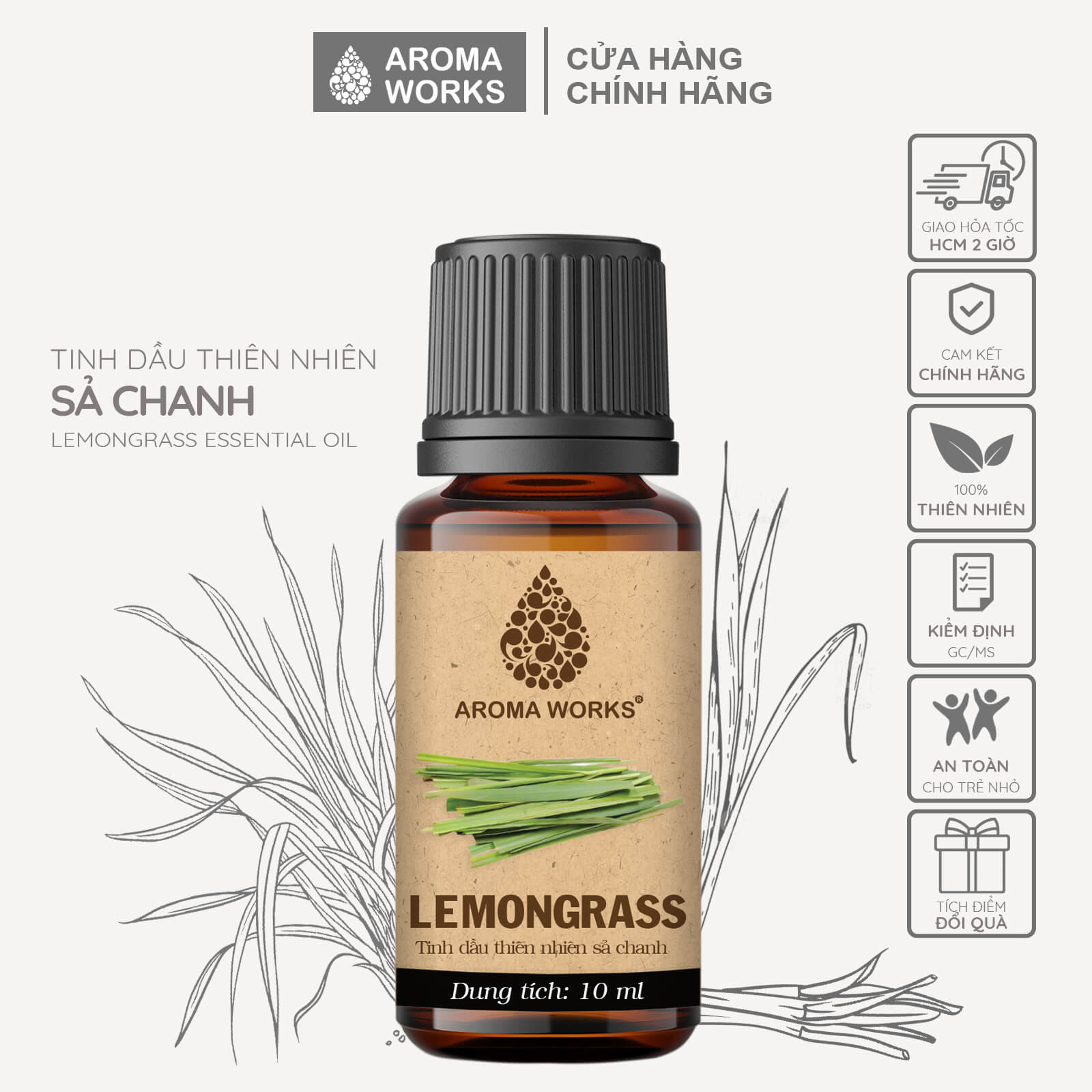 Tinh Dầu Sả Chanh Xông Phòng, Dễ Ngủ, Khử Mùi, Đuổi Muỗi, Thanh Lọc Không Khí Aroma Works Lemongrass