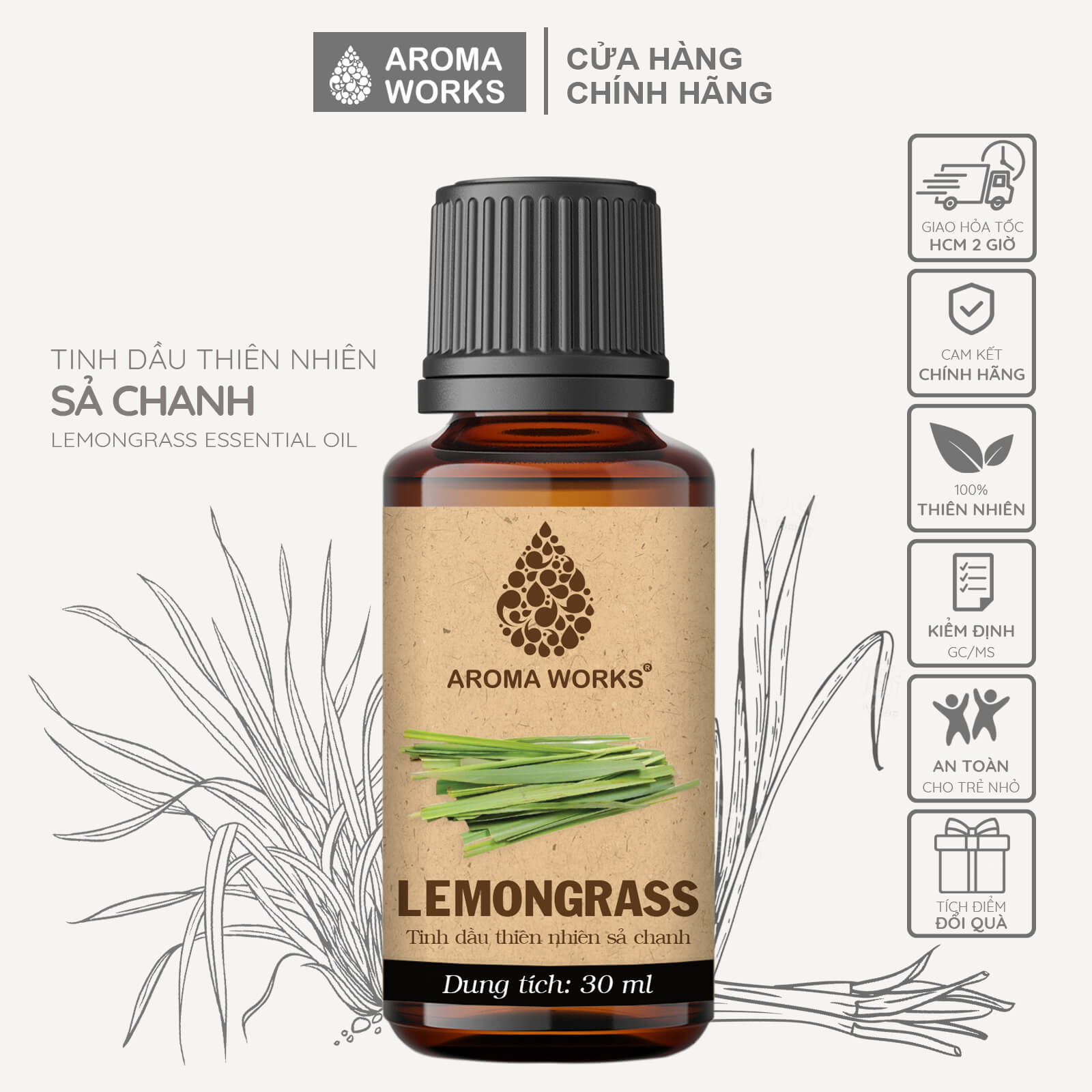 Tinh Dầu Sả Chanh Xông Phòng, Dễ Ngủ, Khử Mùi, Đuổi Muỗi, Thanh Lọc Không Khí Aroma Works Lemongrass