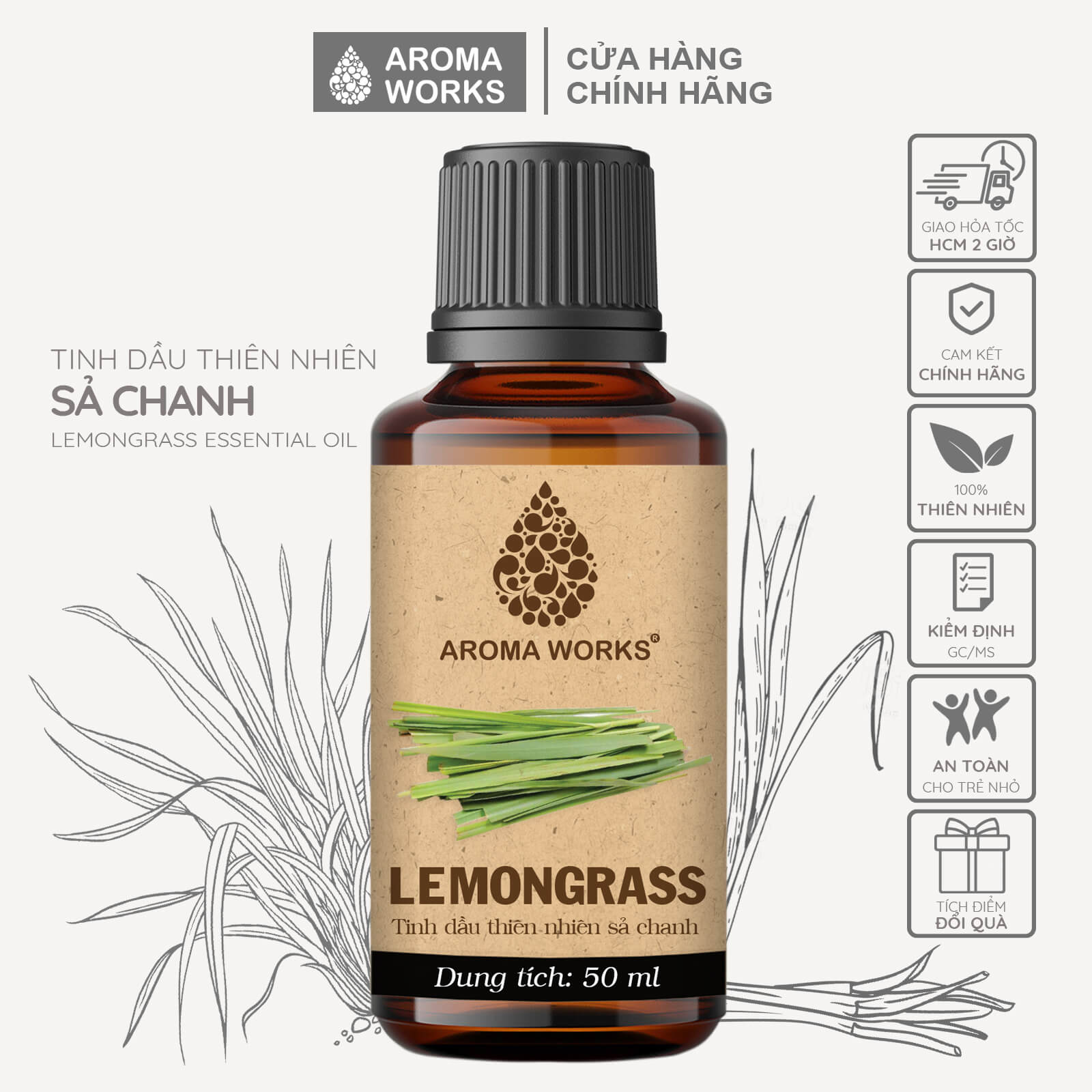 Tinh Dầu Sả Chanh Xông Phòng, Dễ Ngủ, Khử Mùi, Đuổi Muỗi, Thanh Lọc Không Khí Aroma Works Lemongrass