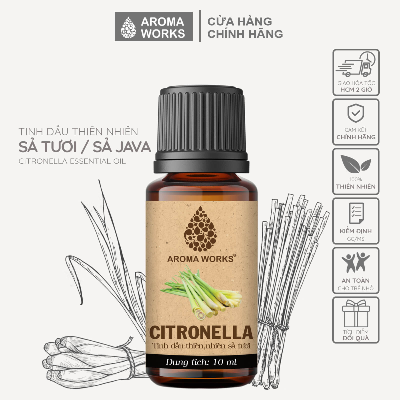 Tinh Dầu Sả Tươi / Sả Java Xông Phòng, Dễ Ngủ, Khử Mùi, Thanh Lọc Không Khí Aroma Works Citronella