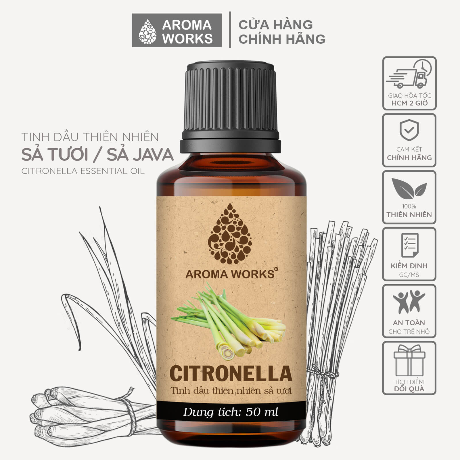 Tinh Dầu Sả Tươi / Sả Java Xông Phòng, Dễ Ngủ, Khử Mùi, Thanh Lọc Không Khí Aroma Works Citronella