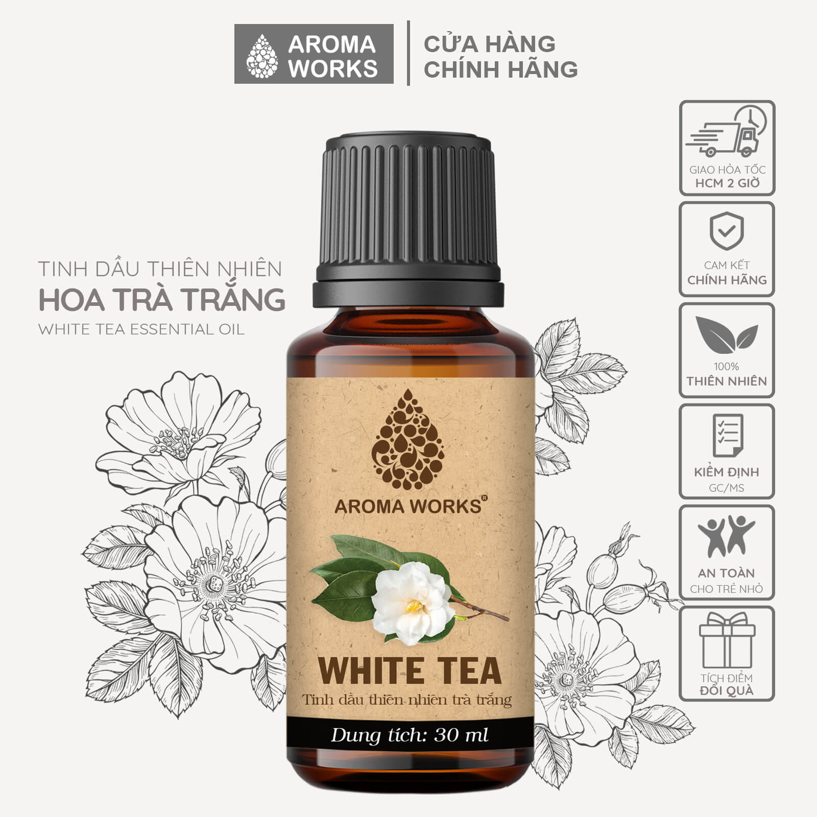 Tinh Dầu Hoa Trà Trắng Thiên Nhiên Thơm Phòng, Khử Mùi, Làm Nến Thơm Aroma Works White Tea