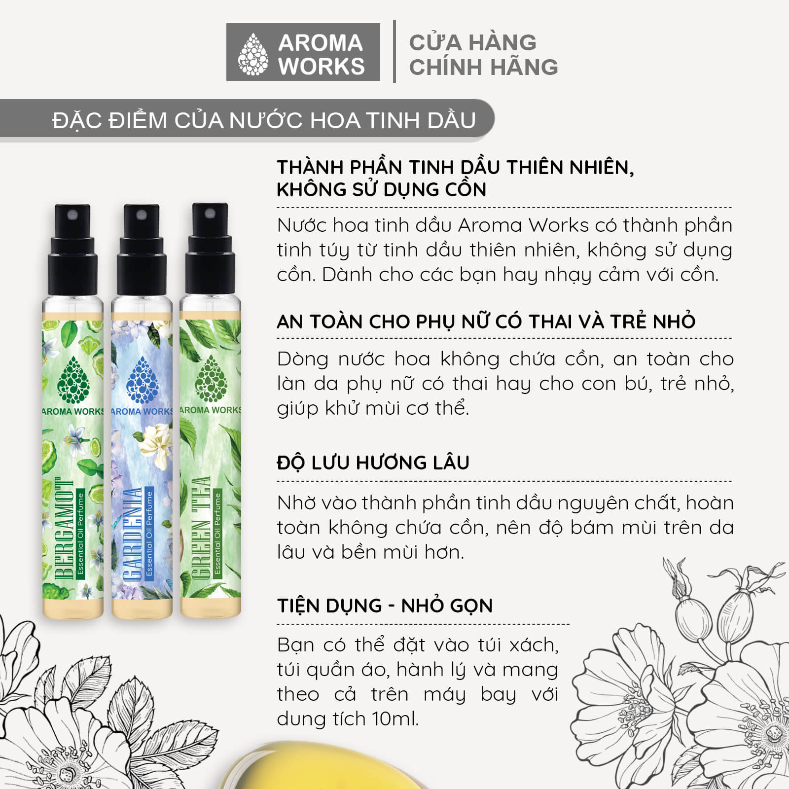 Tinh dầu nước hoa không cồn, lưu hương lâu Aroma Works Green Tea Essential Oil Perfume 10ml - Hương Trà Xanh