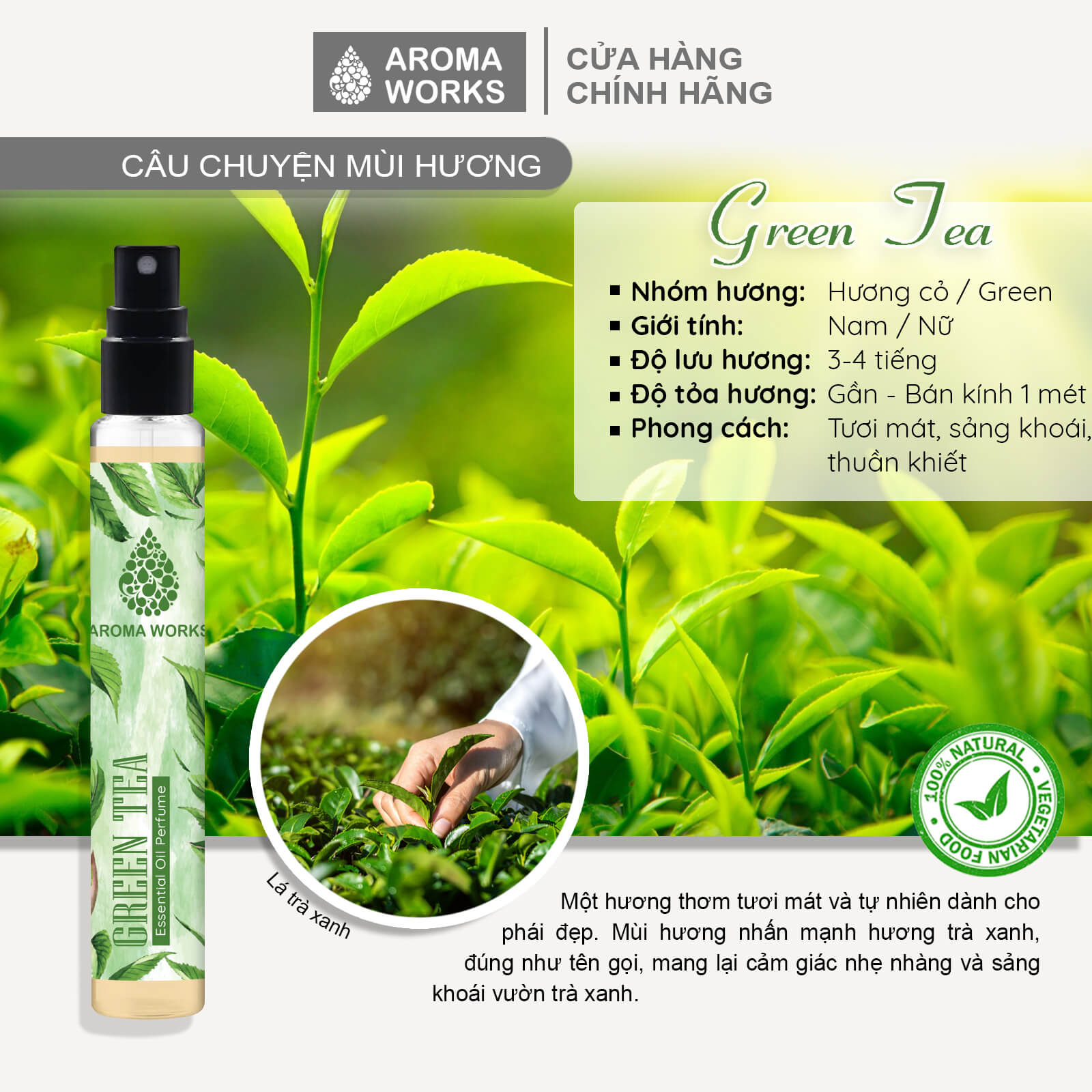 Tinh dầu nước hoa không cồn, lưu hương lâu Aroma Works Green Tea Essential Oil Perfume 10ml - Hương Trà Xanh