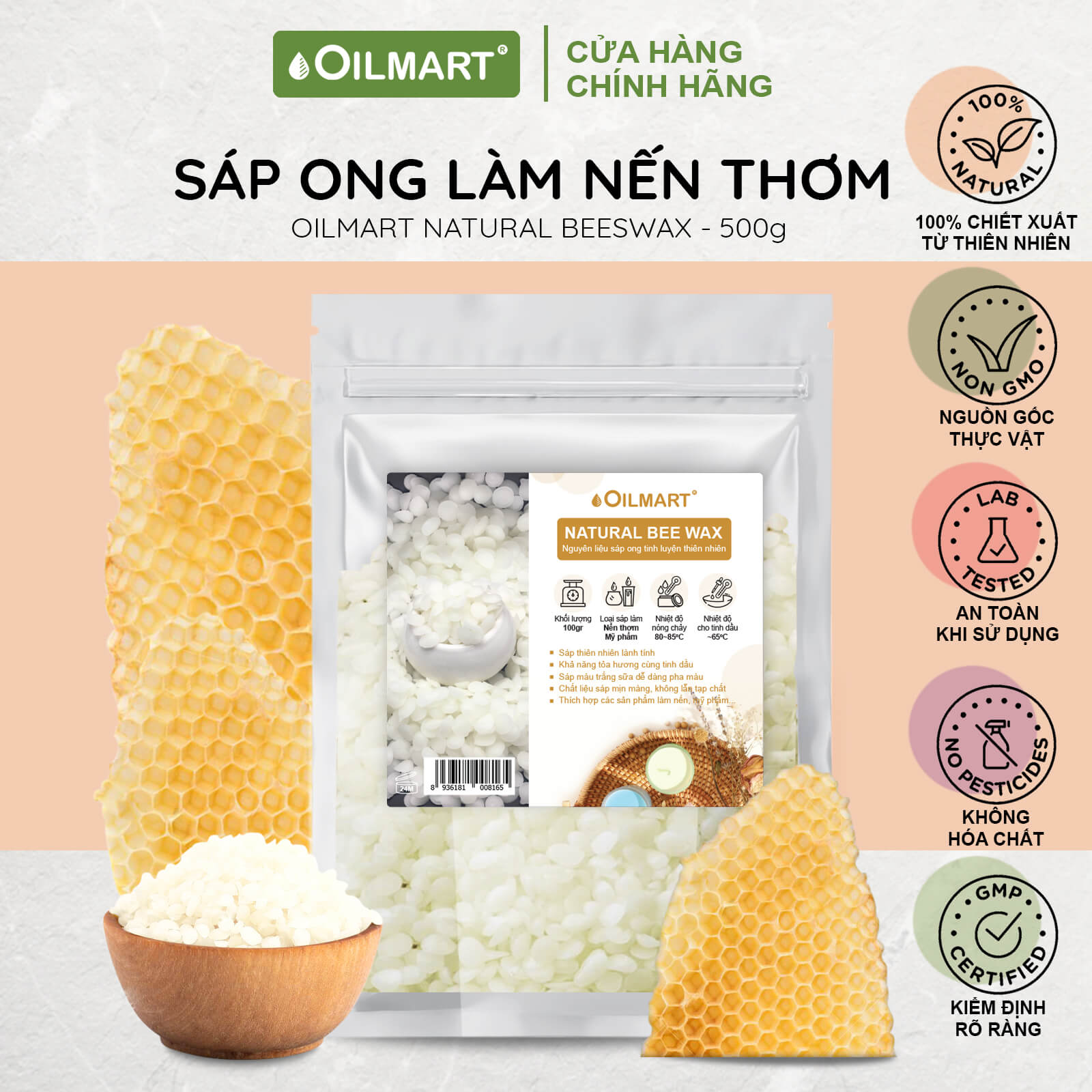 Sáp Ong Làm Nến Thơm Oilmart Natural Beeswax dạng viên, màu trắng ngà, không mùi, 100% thiên nhiên