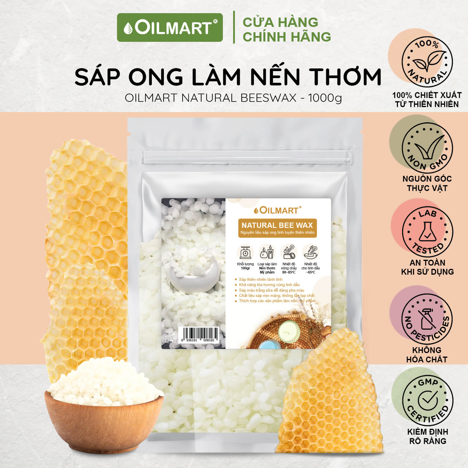 Sáp Ong Làm Nến Thơm Oilmart Natural Beeswax dạng viên, màu trắng ngà, không mùi, 100% thiên nhiên