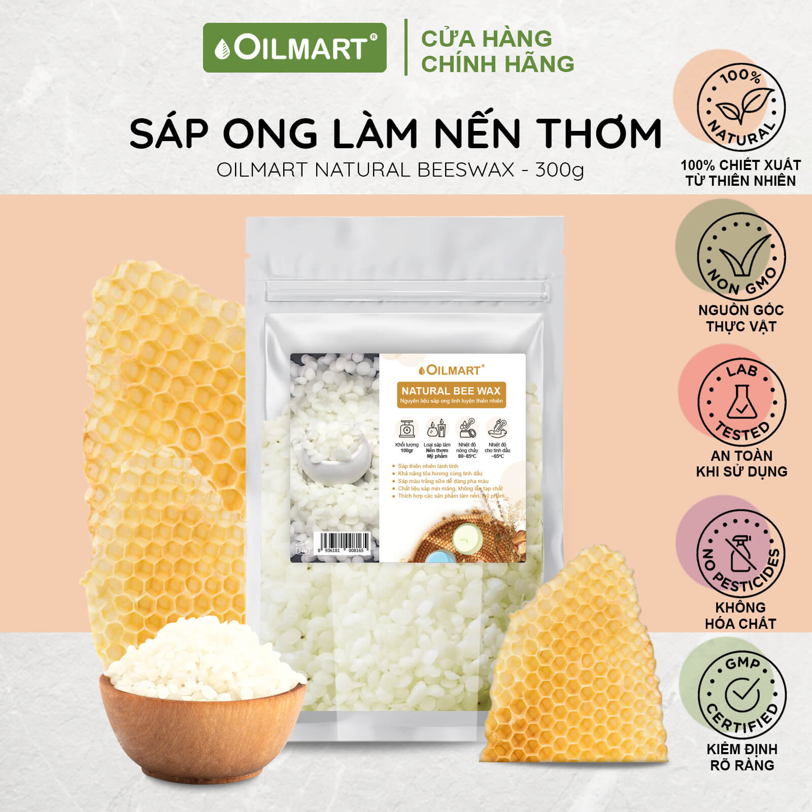 Sáp Ong Làm Nến Thơm Oilmart Natural Beeswax dạng viên, màu trắng ngà, không mùi, 100% thiên nhiên