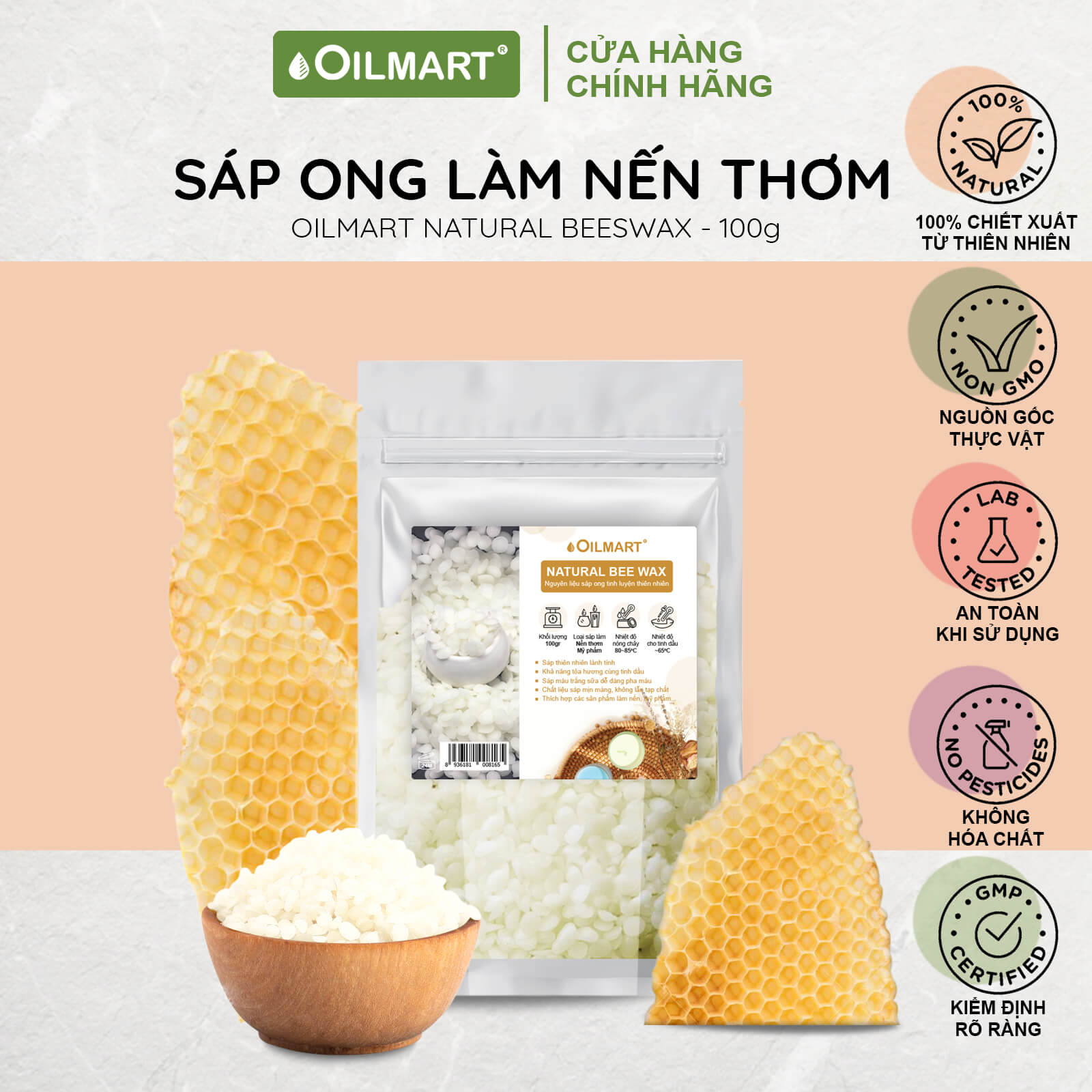 Sáp Ong Làm Nến Thơm Oilmart Natural Beeswax dạng viên, màu trắng ngà, không mùi, 100% thiên nhiên