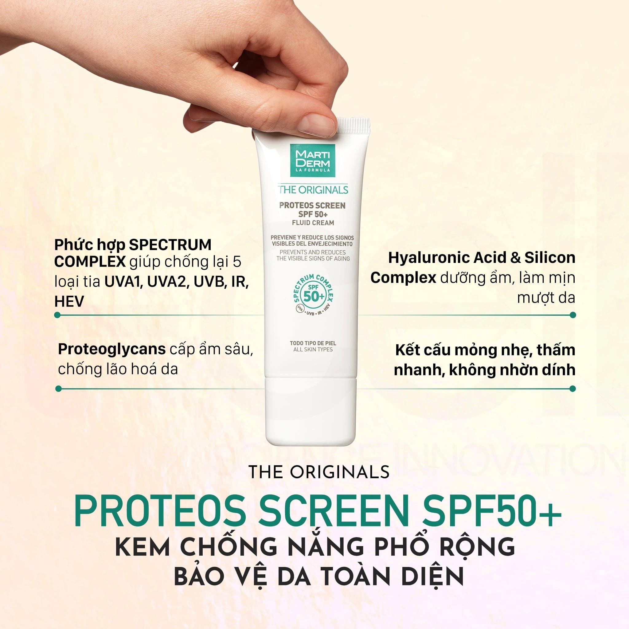 Kem Chống Nắng Phổ Rộng Bảo Vệ Toàn Diện MartiDerm The Originals Proteos Screen SPF50+ Fluid Cream 40ml