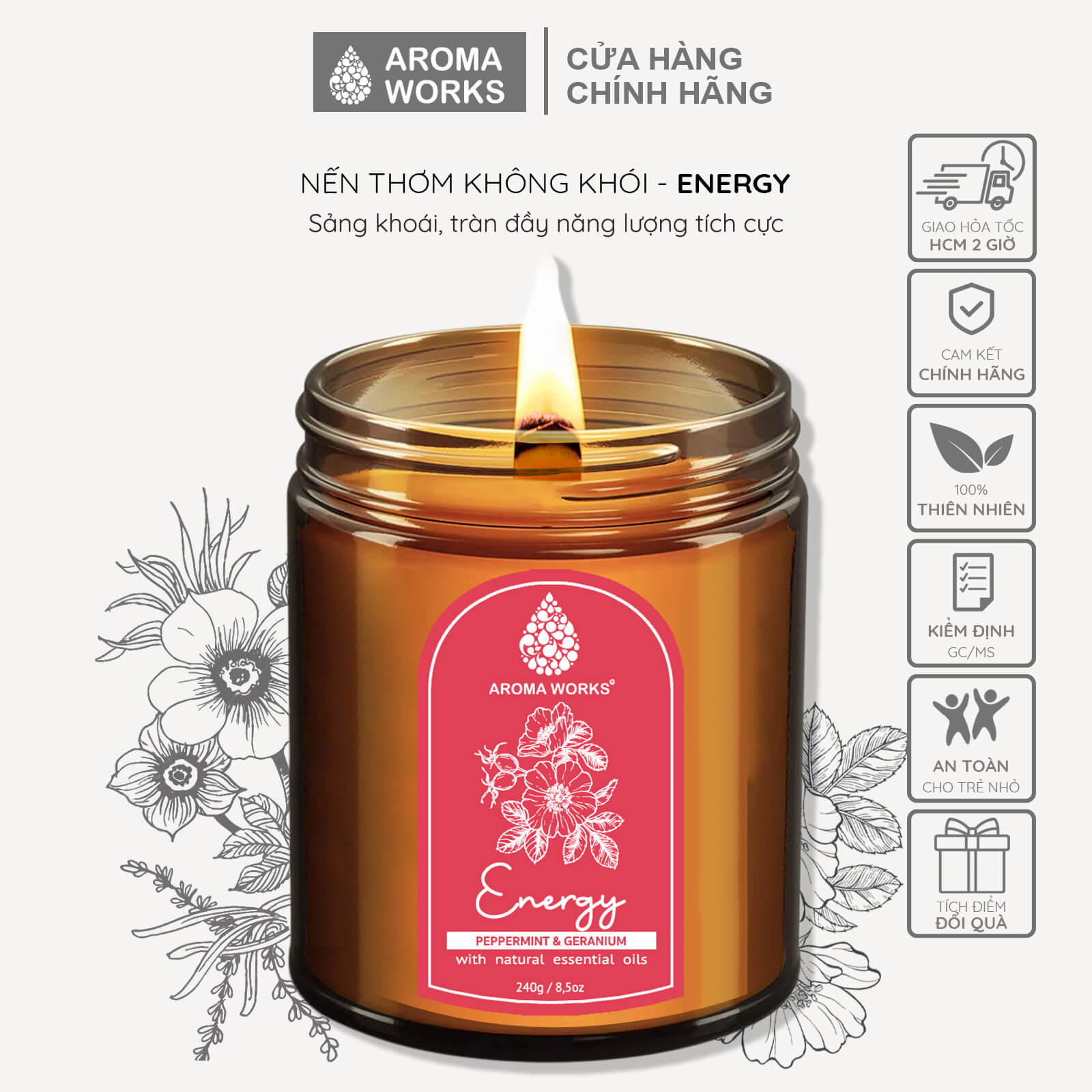 Nến Thơm Tinh Dầu Aroma Works liệu pháp mùi hương giúp dễ ngủ, thư giãn, thoải mái, lãng mạn, thiền, tăng năng lượng 240g