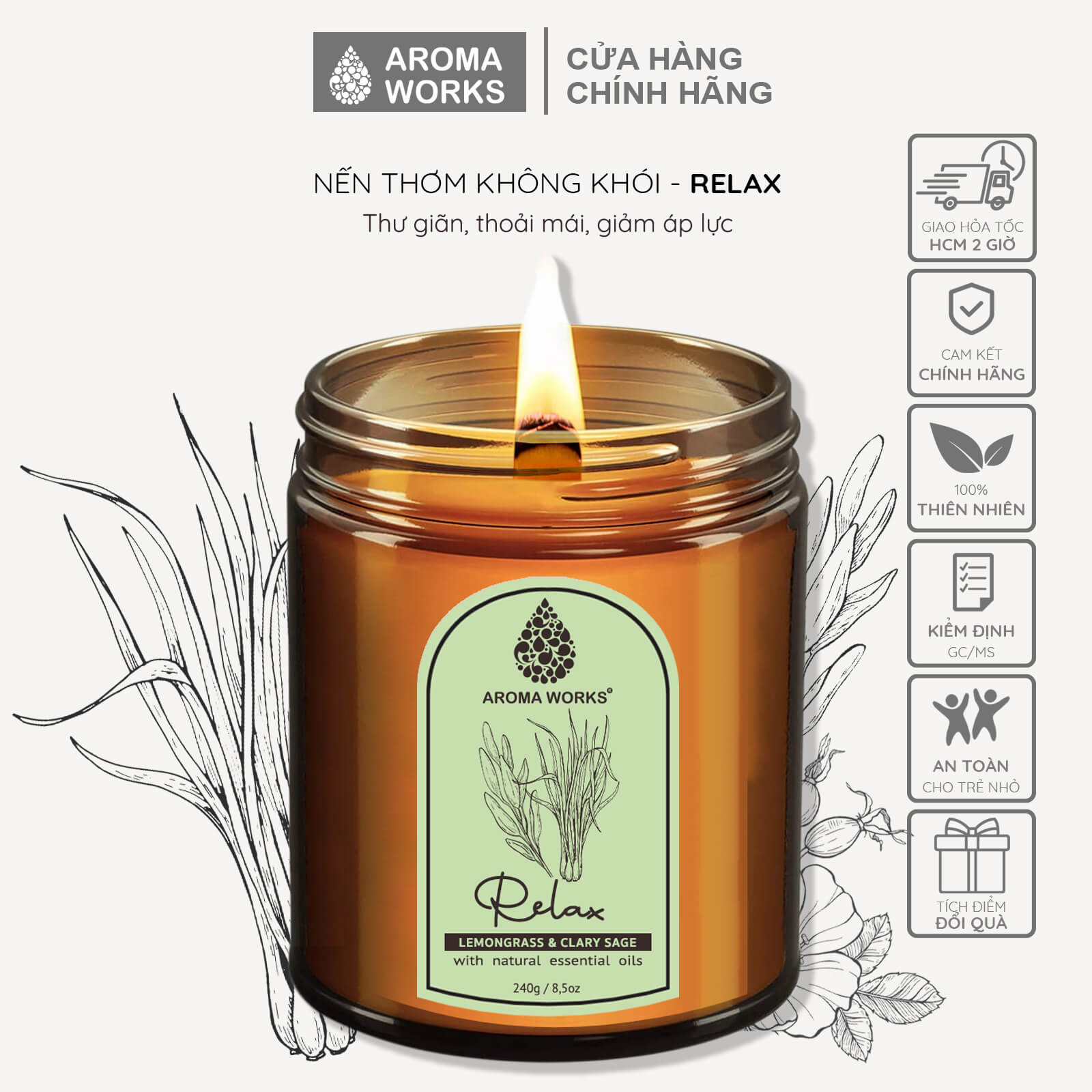 Nến Thơm Tinh Dầu Aroma Works liệu pháp mùi hương giúp dễ ngủ, thư giãn, thoải mái, lãng mạn, thiền, tăng năng lượng 240g