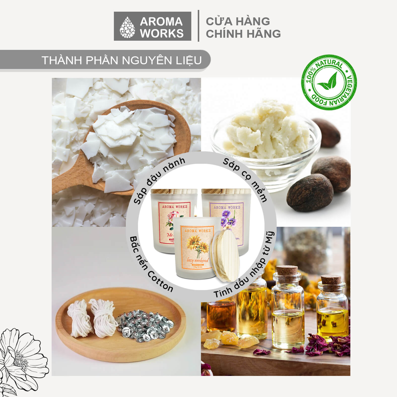 Nến Thơm Phòng Aroma Works Tinh Dầu Thiên Nhiên Không Khói 170g - Happy Morning