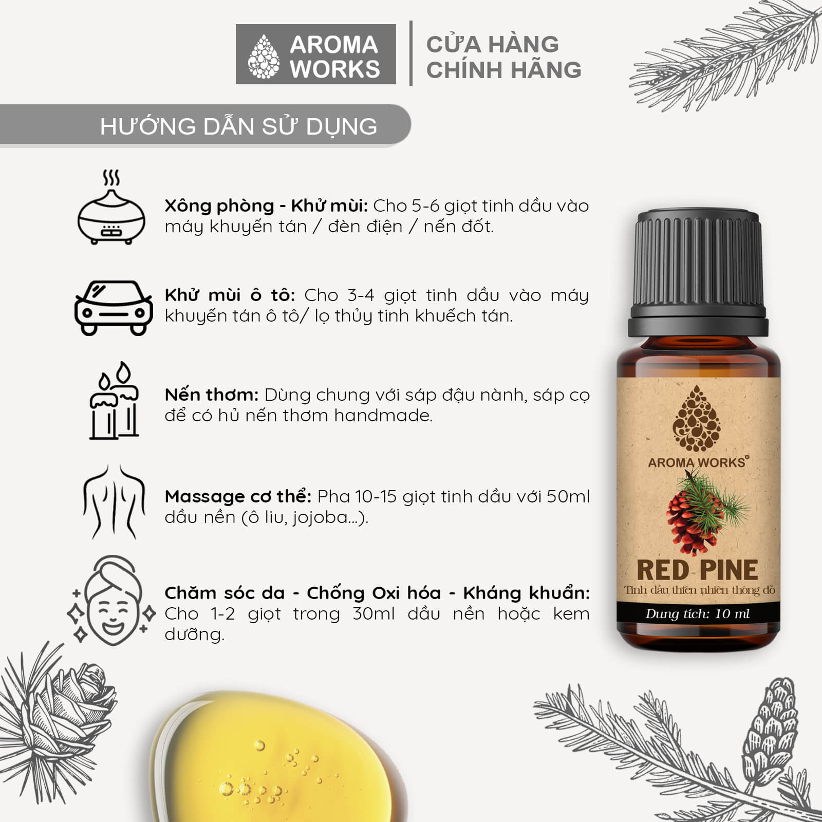 Tinh Dầu Thông Đỏ Thiên Nhiên Xông Phòng, Khử Mùi, Thanh Lọc Không Khí, Giảm Căng Thẳng Aroma Works Red Pine