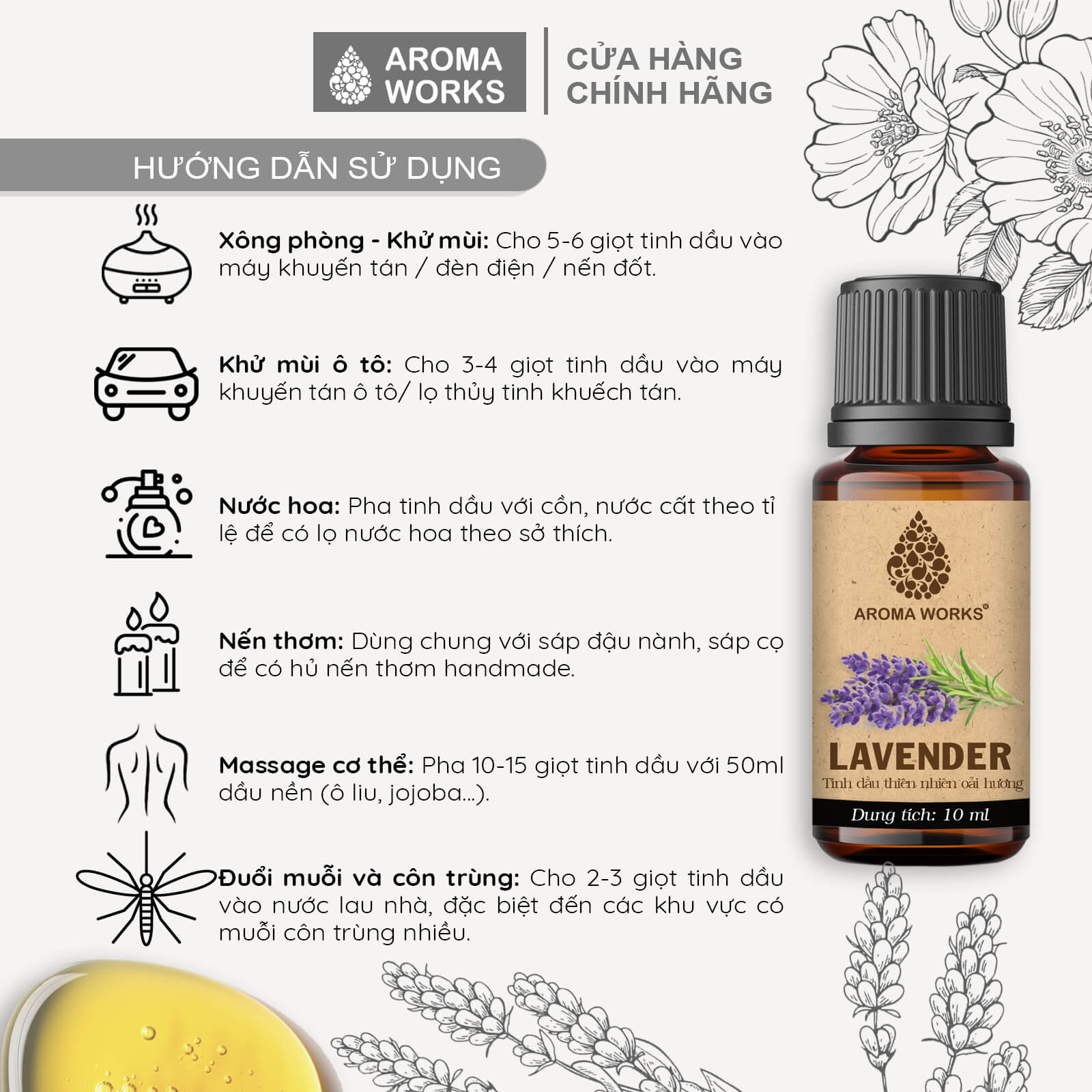 Tinh Dầu Oải Hương Xông Phòng, Thư Giãn, Dễ Ngủ, Đuổi Muỗi Aroma Works Lavender