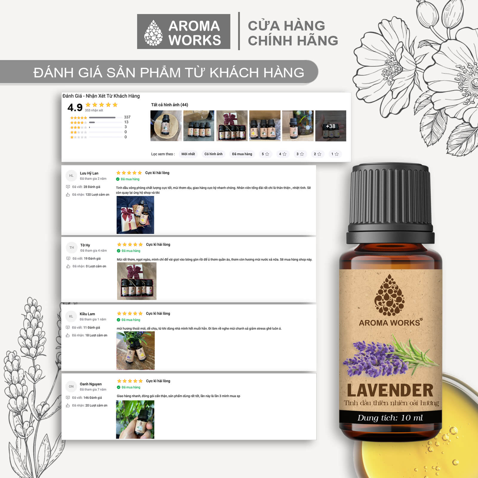 Tinh Dầu Oải Hương Xông Phòng, Thư Giãn, Dễ Ngủ, Đuổi Muỗi Aroma Works Lavender