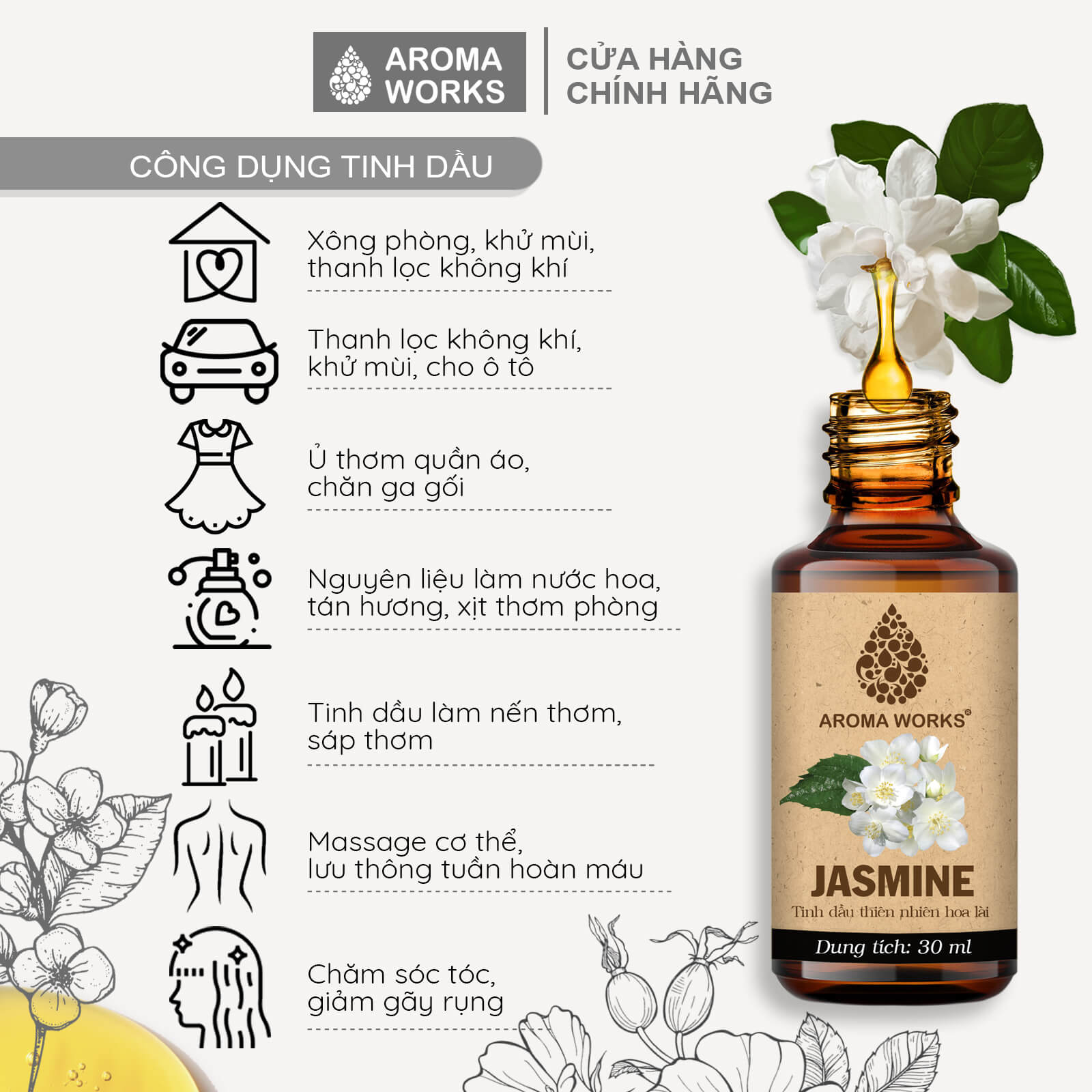 Tinh Dầu Hoa Lài Thơm Phòng, Thư Giãn, Giúp Dễ Ngủ, Giảm Áp Lực, Khử Mùi Aroma Works Jasmine