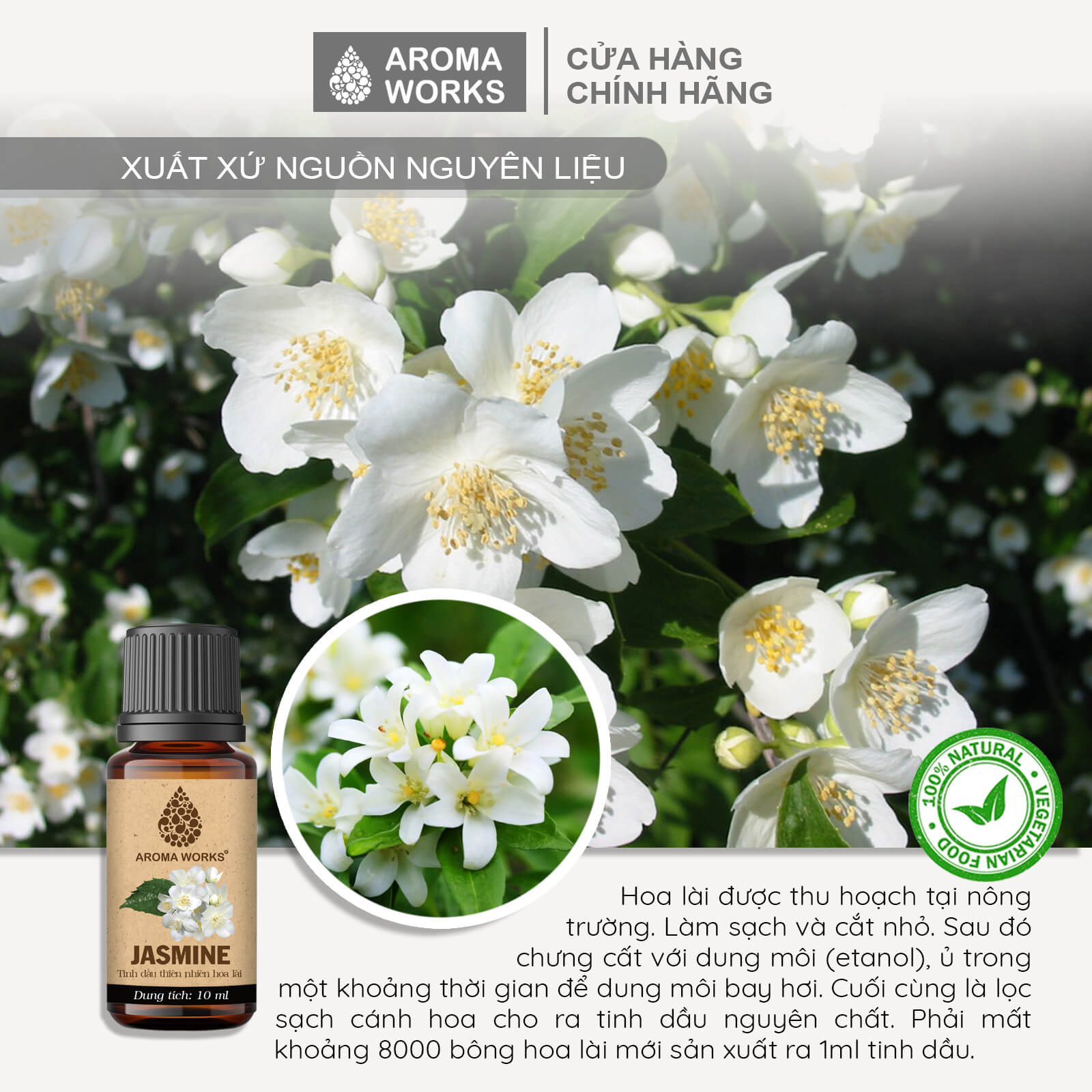 Tinh Dầu Hoa Lài Thơm Phòng, Thư Giãn, Giúp Dễ Ngủ, Giảm Áp Lực, Khử Mùi Aroma Works Jasmine